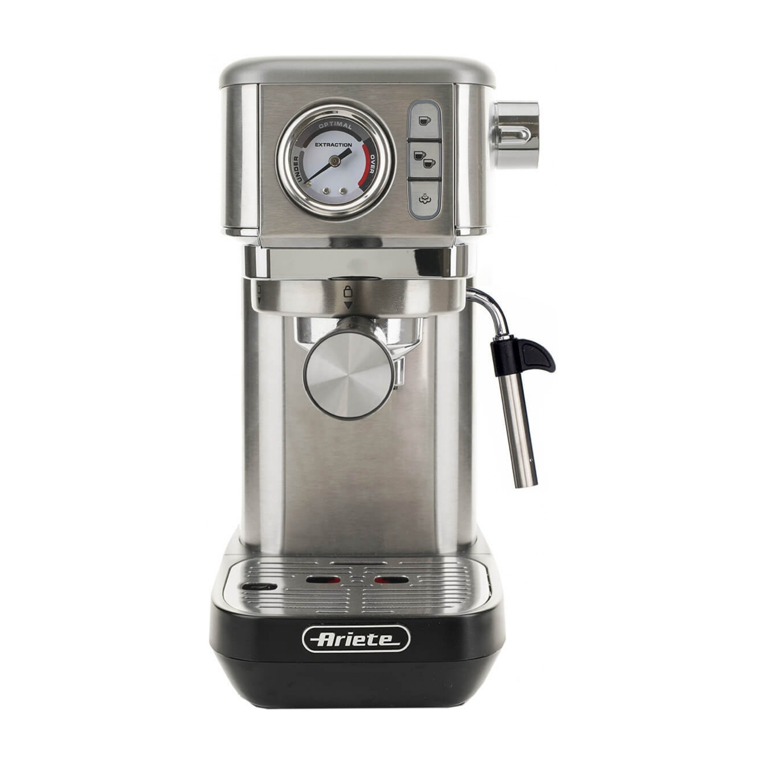 Een zilveren espressomachine met een zwarte voet en een drukmeter.