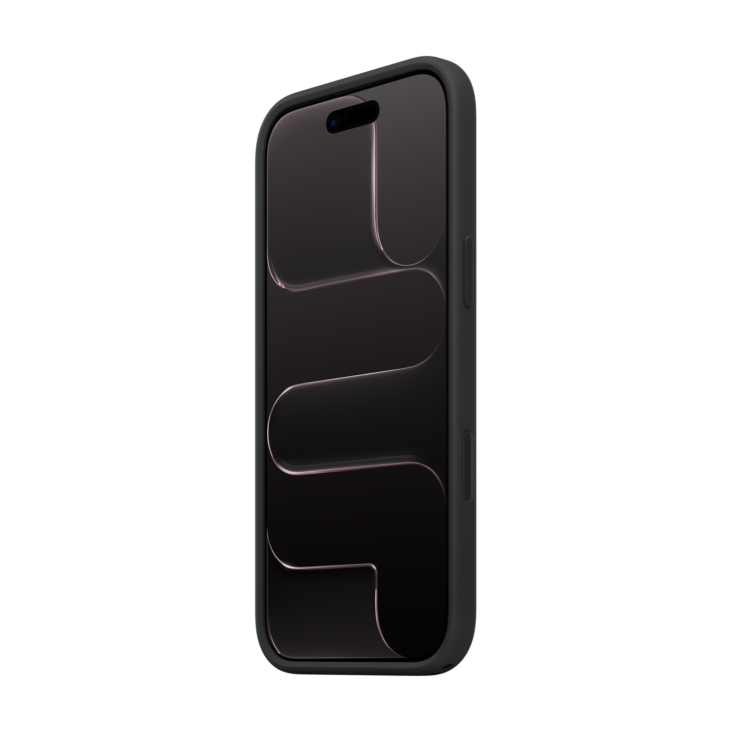 Teléfono inteligente negro con un patrón curvo oscuro en la pantalla.