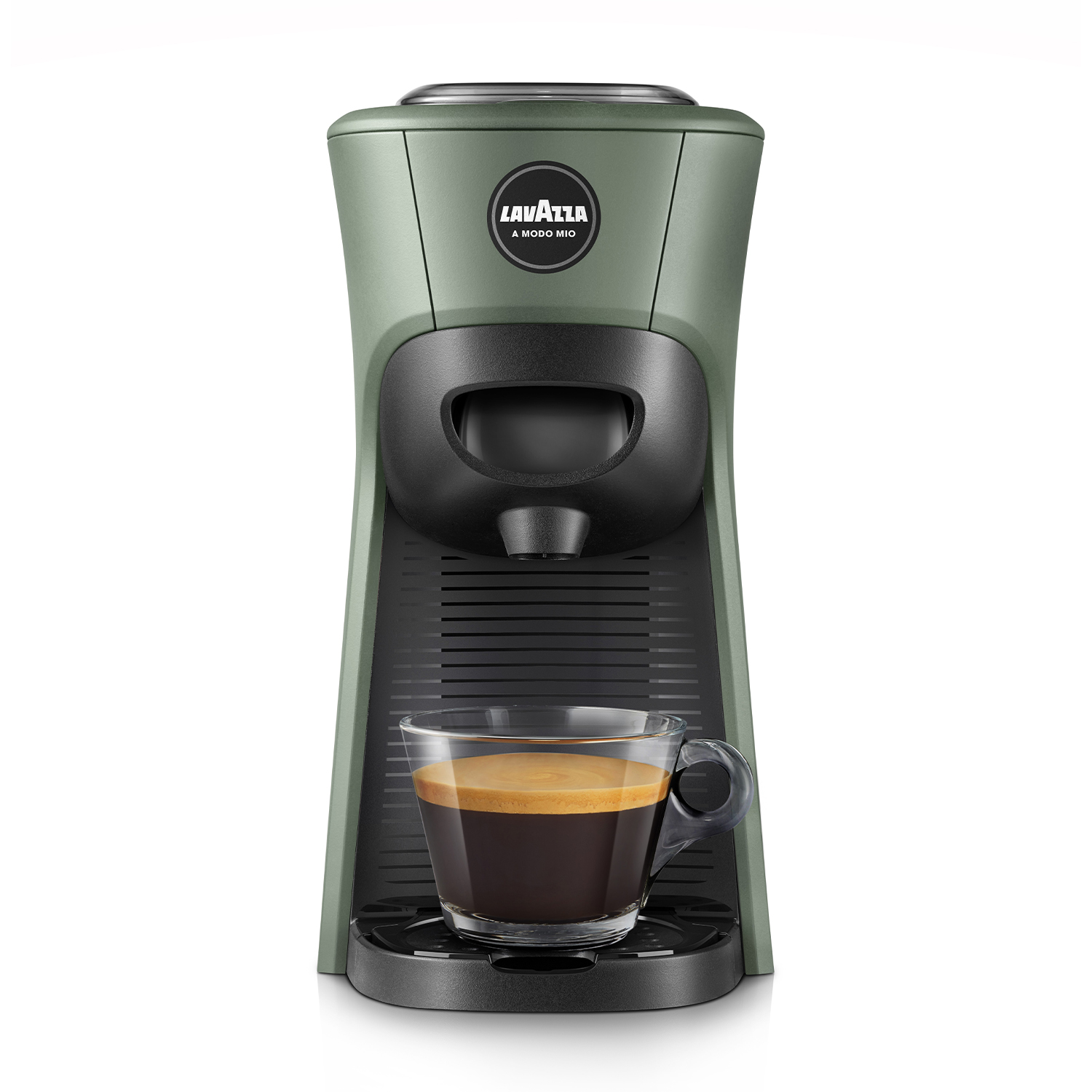 Grüne Kaffeemaschine mit Lavazza-Logo und einer Tasse Espresso.