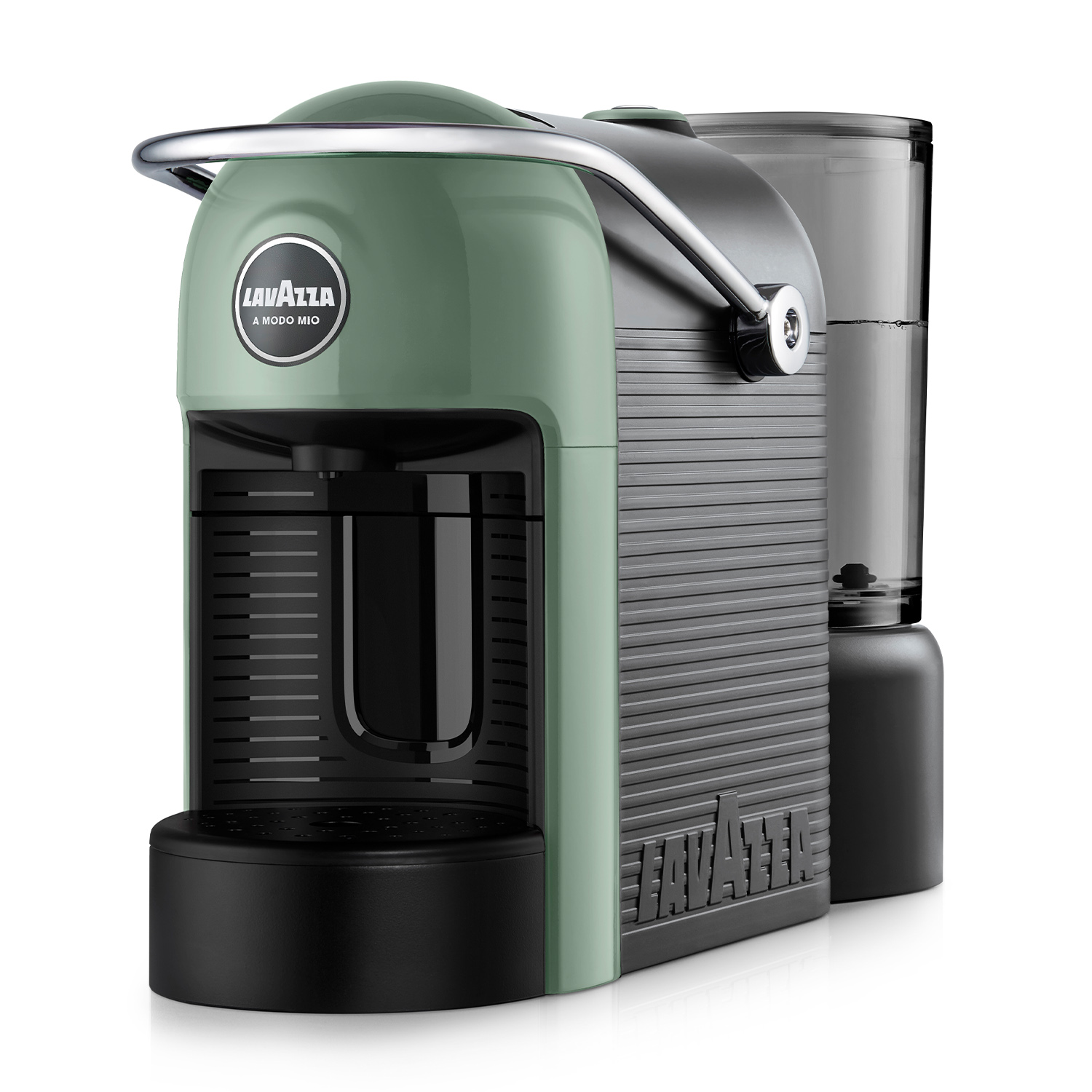 Eine grüne Lavazza-Kaffeemaschine mit Chromgriff und Wassertank.