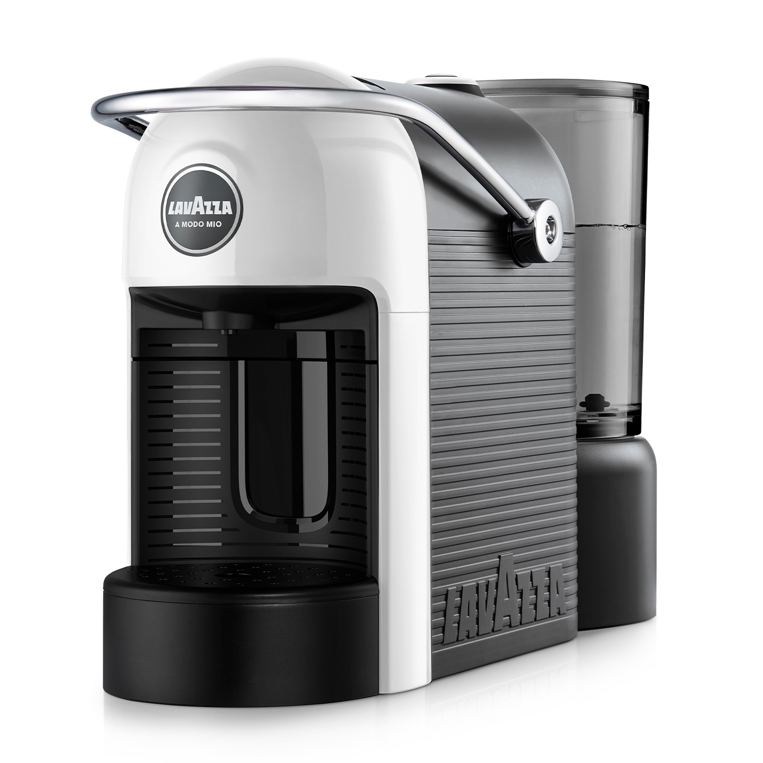 Eine weiße und graue Lavazza Espressomaschine mit einem Wassertank.