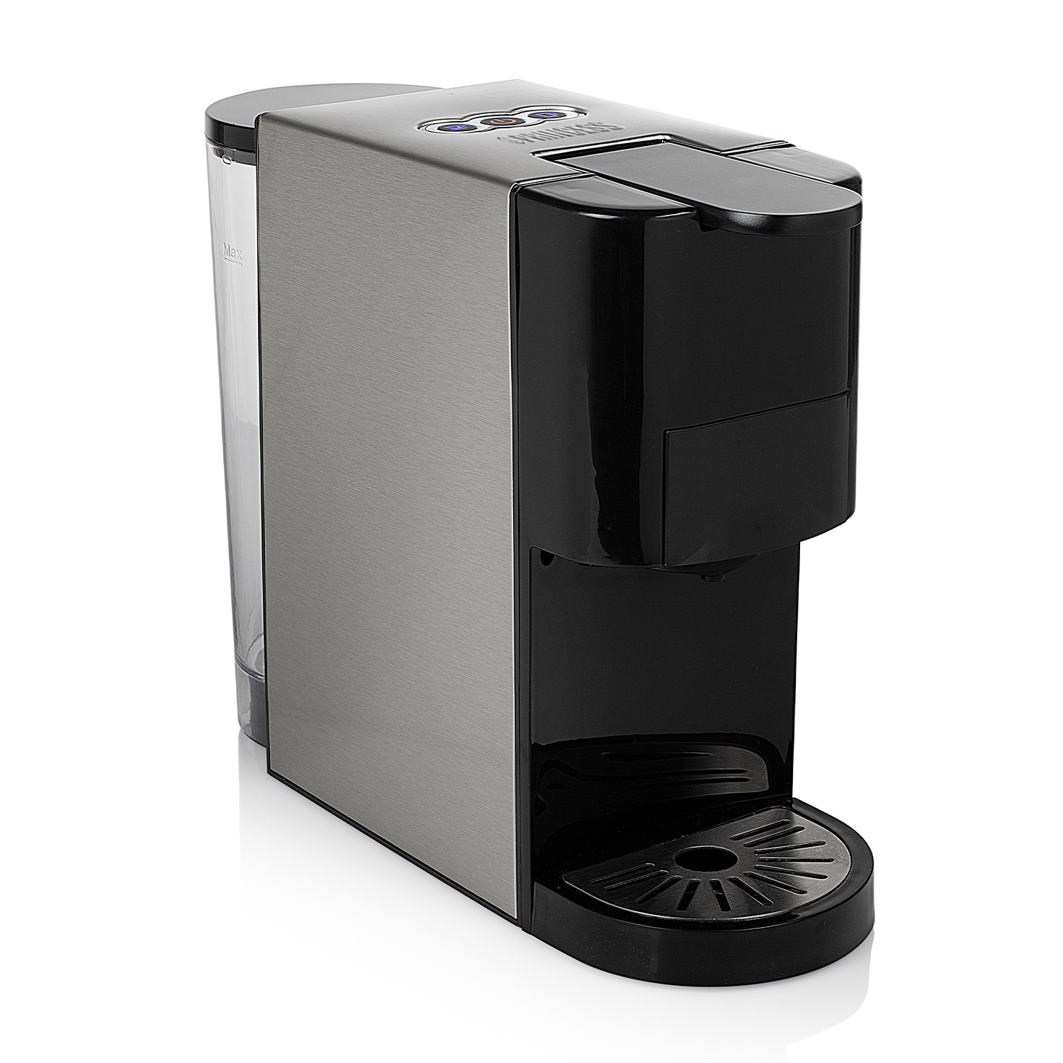 Eine schmale Kaffeemaschine mit silbernem und schwarzem Gehäuse.