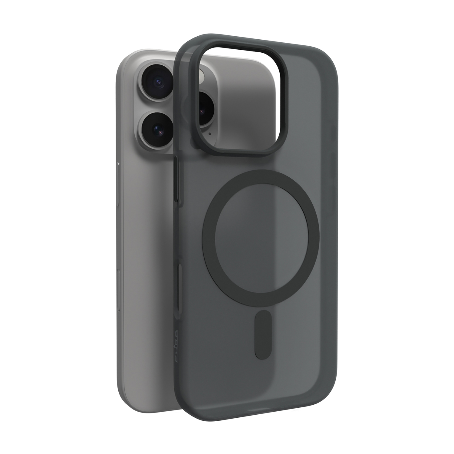 Teléfono gris con tres cámaras y funda transparente con anillo magnético.