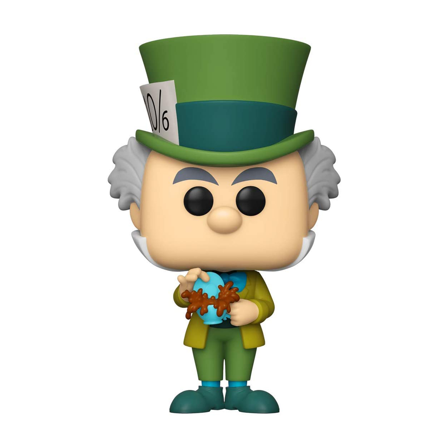 La figura Funko Pop del Sombrerero Loco lleva un sombrero verde con etiqueta '10/6' y chaqueta amarilla.