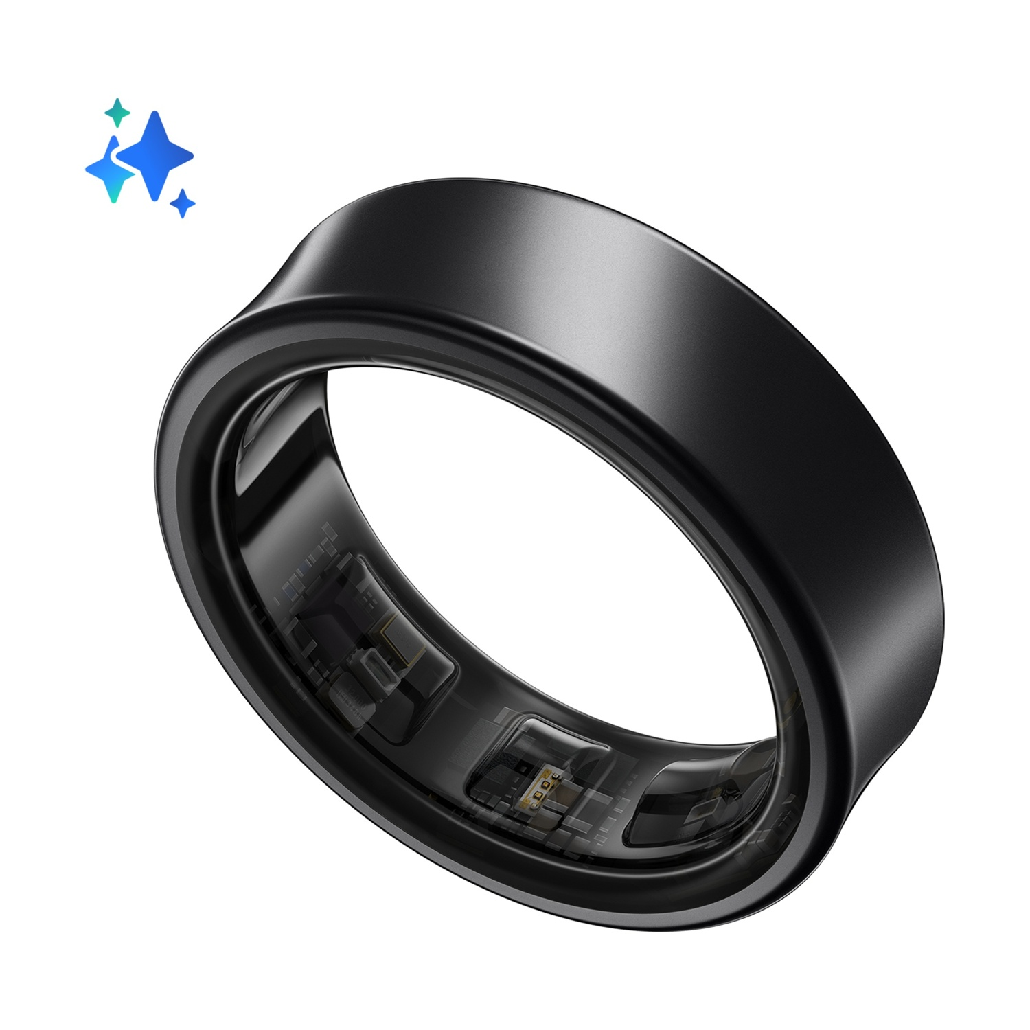 Schwarzer smarter Ring mit sichtbaren internen Schaltkreisen auf weißem Hintergrund.