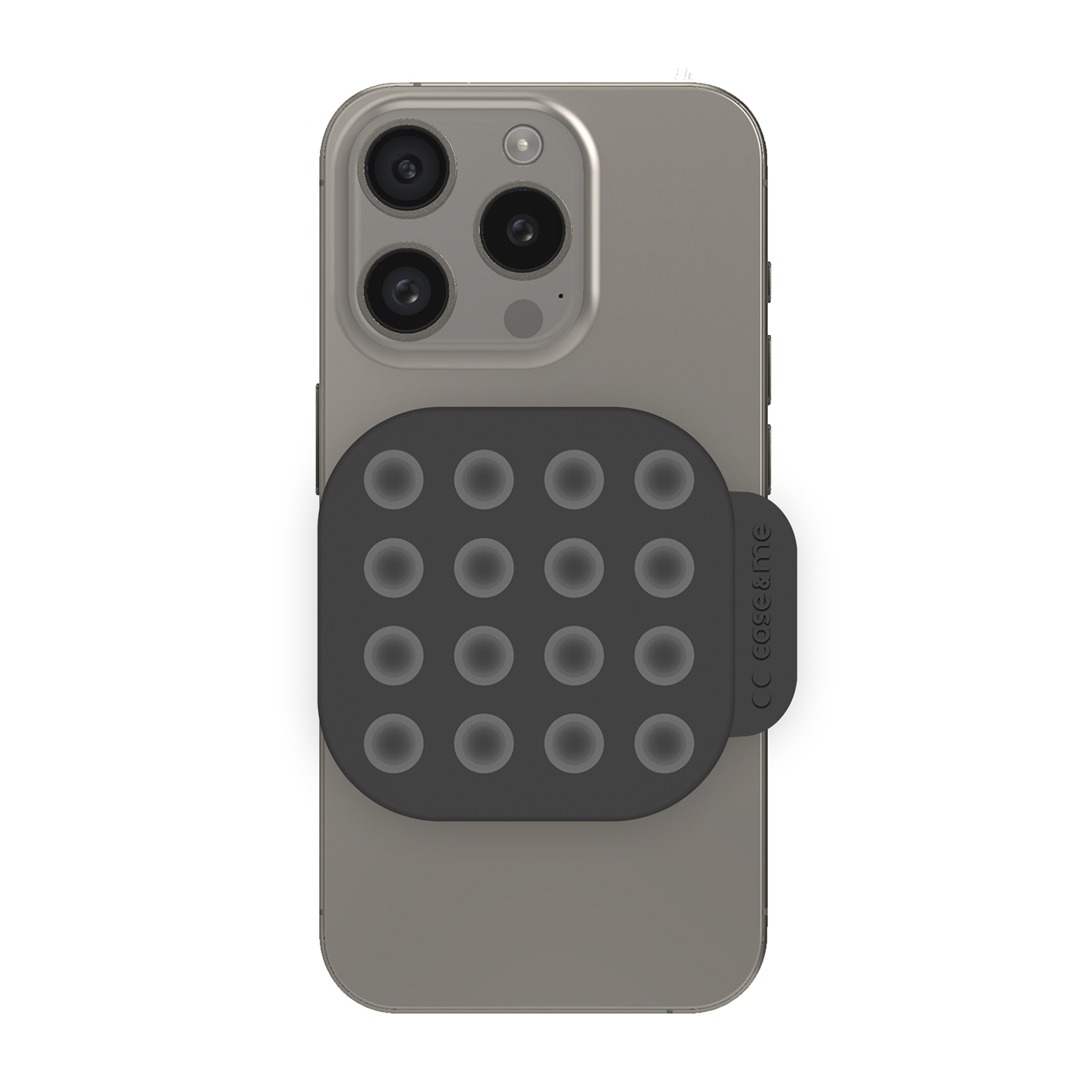 Un teléfono gris con un soporte negro para 16 círculos en su parte trasera.