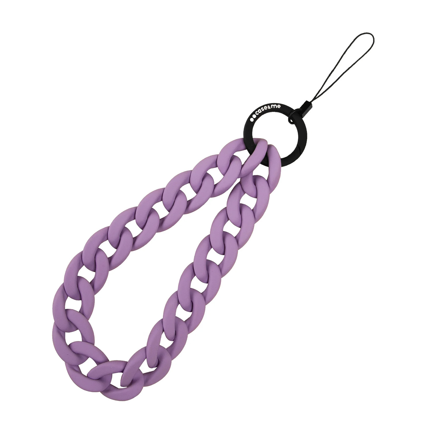 Un charm de cadena gruesa lavanda con un anillo y bucle negros.