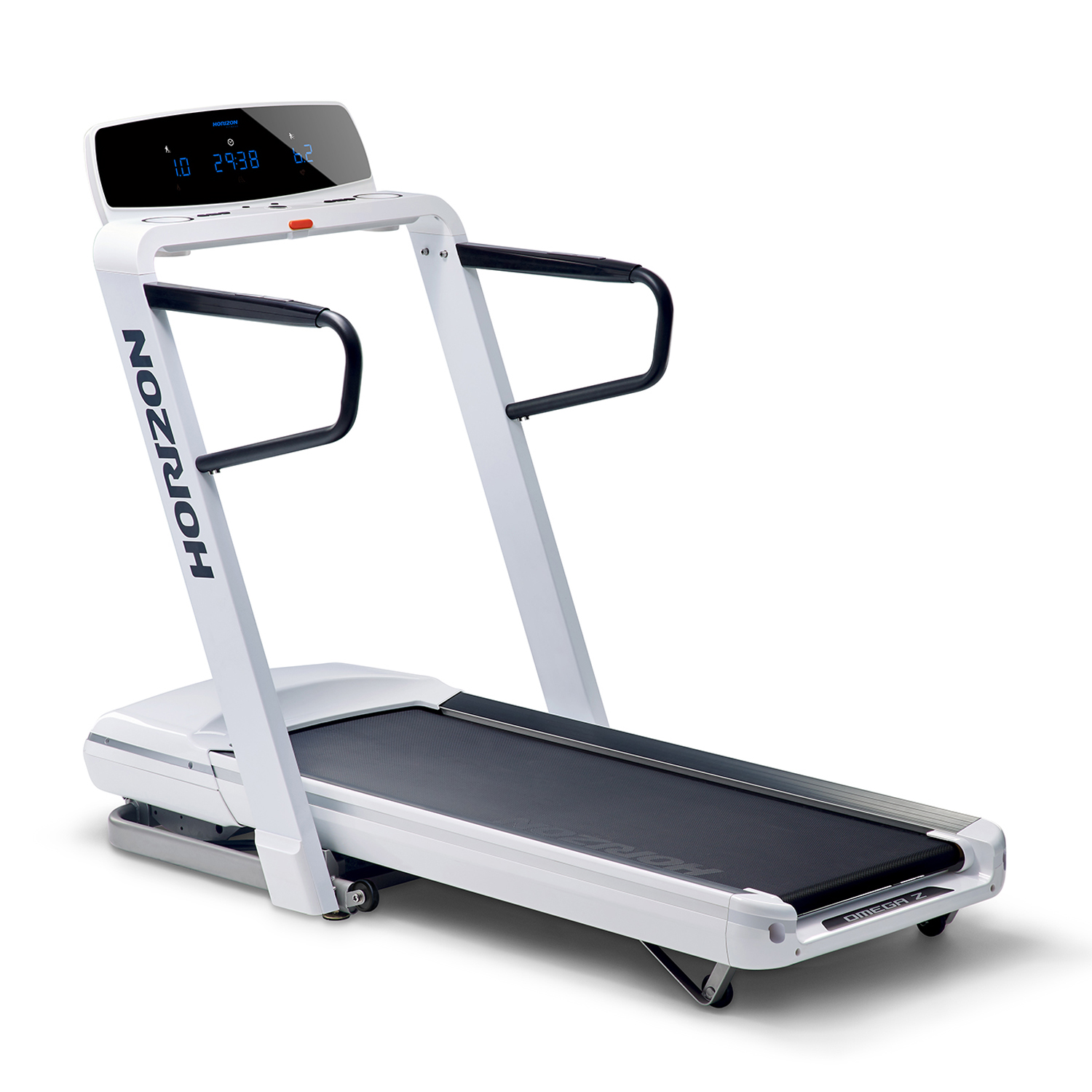 Biała bieżnia Horizon z czarnym pasem i uchwytami. Wyświetlacz pokazuje liczby.