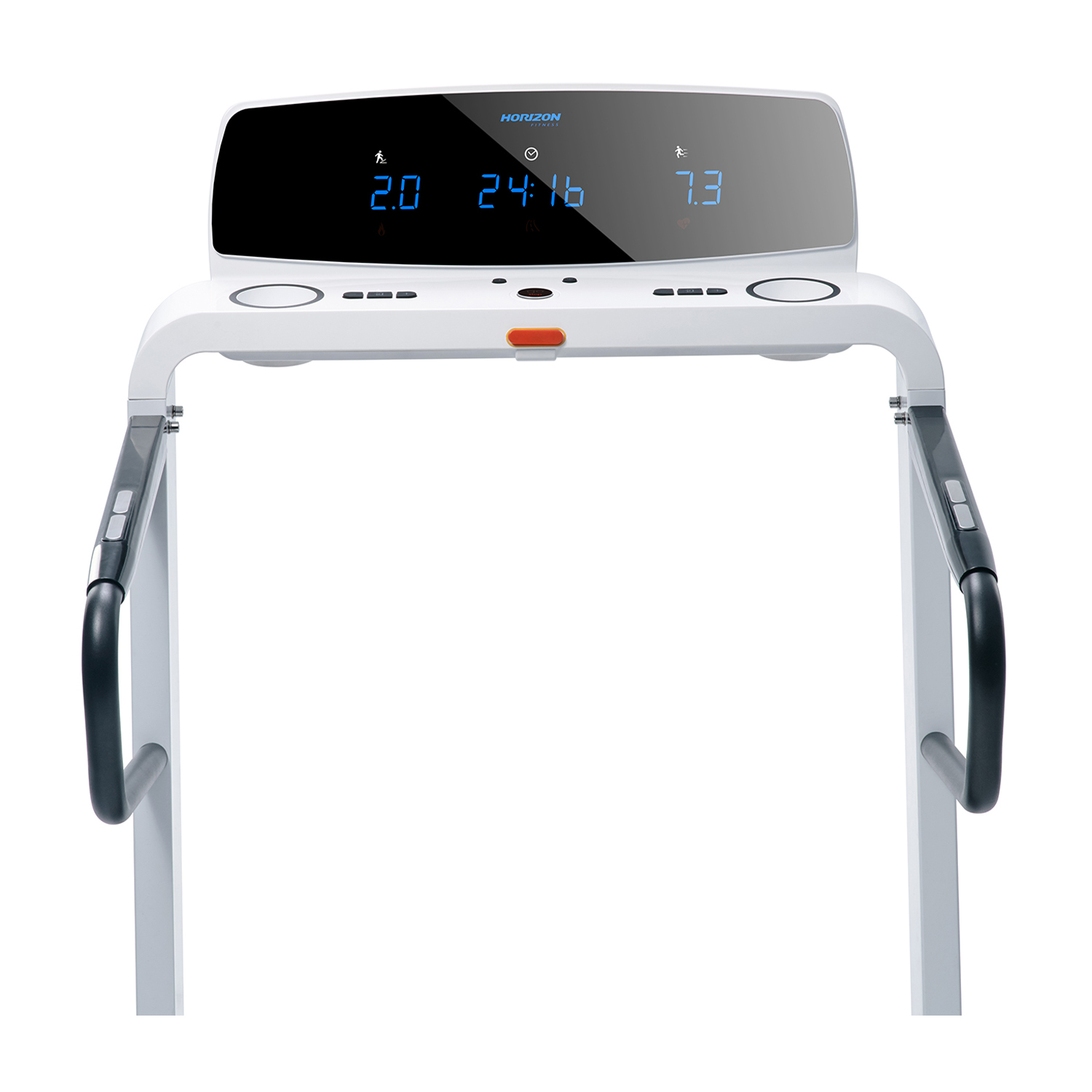 Biała bieżnia z czarnym wyświetlaczem pokazującym cyfry i ikony.