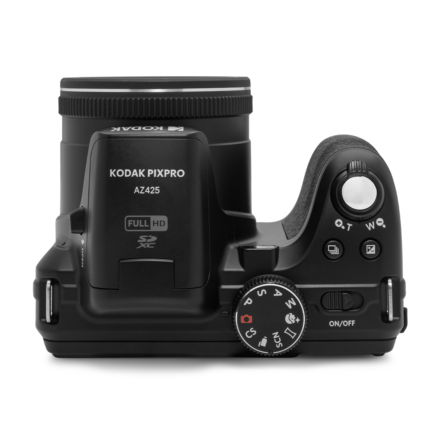 Czarny aparat Kodak Pixpro AZ425 z obiektywem, uchwytem i pokrętłami sterowania.