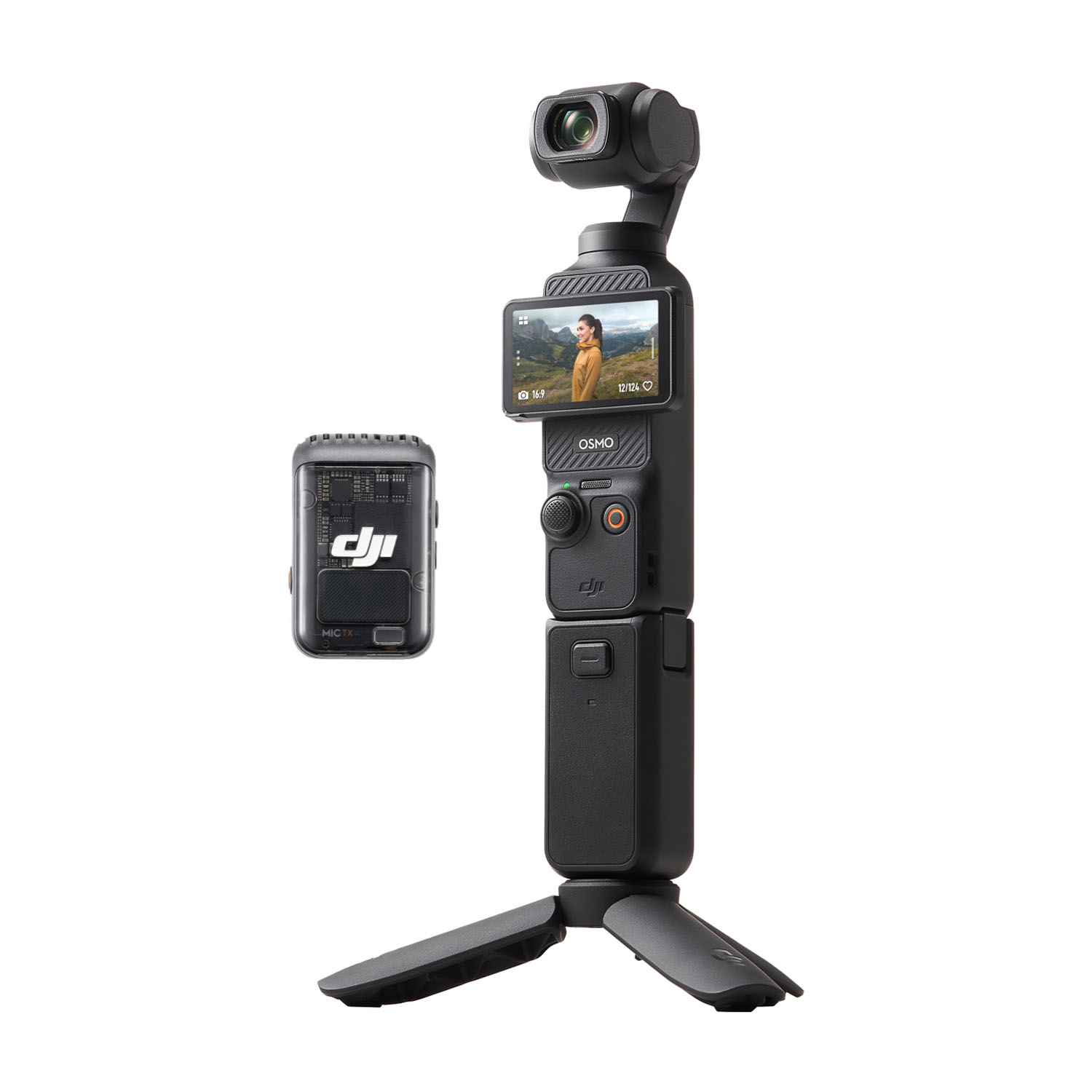 Un cardan noir avec écran intégré et microphone externe.