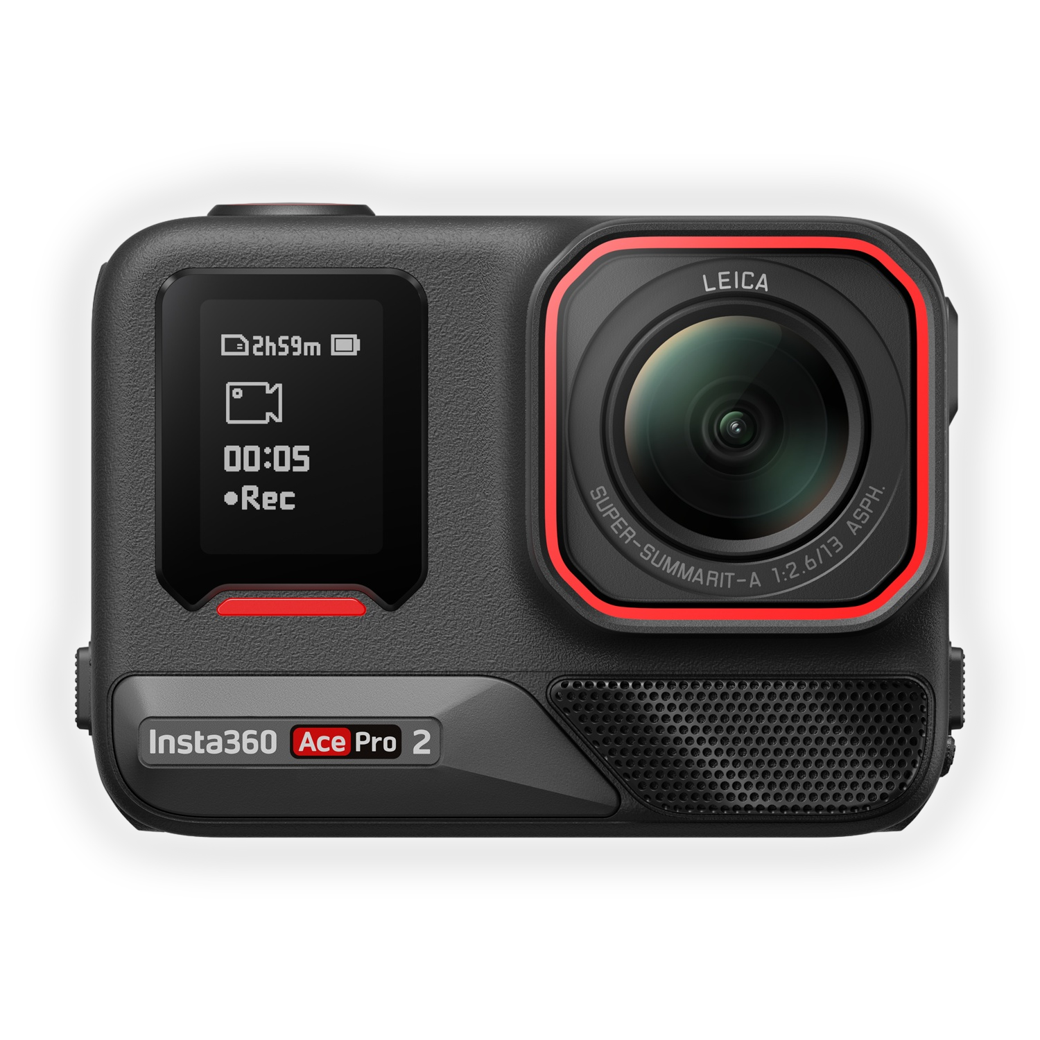 Caméra d'action Insta360 Ace Pro 2 avec objectif Leica et accent rouge.
