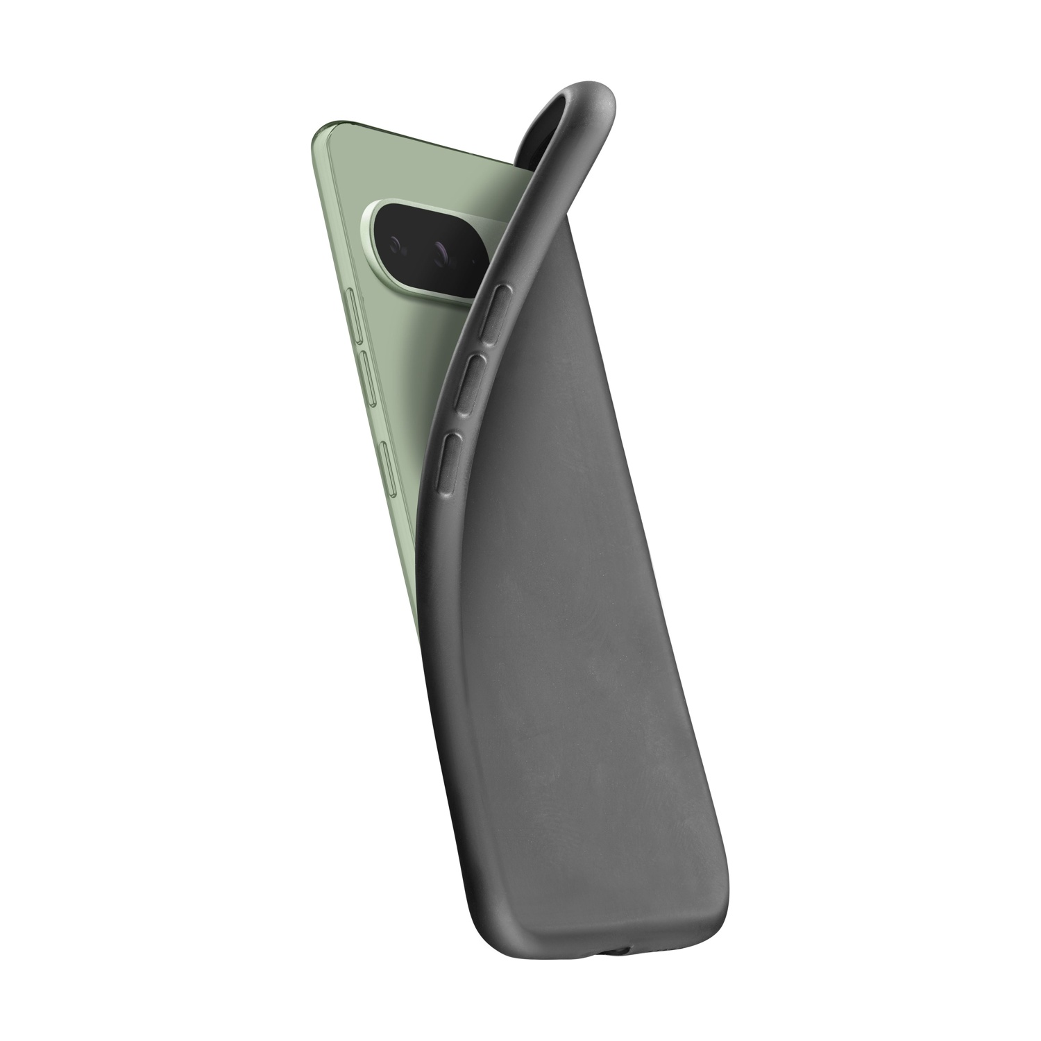 Uno smartphone verde chiaro con custodia scura.