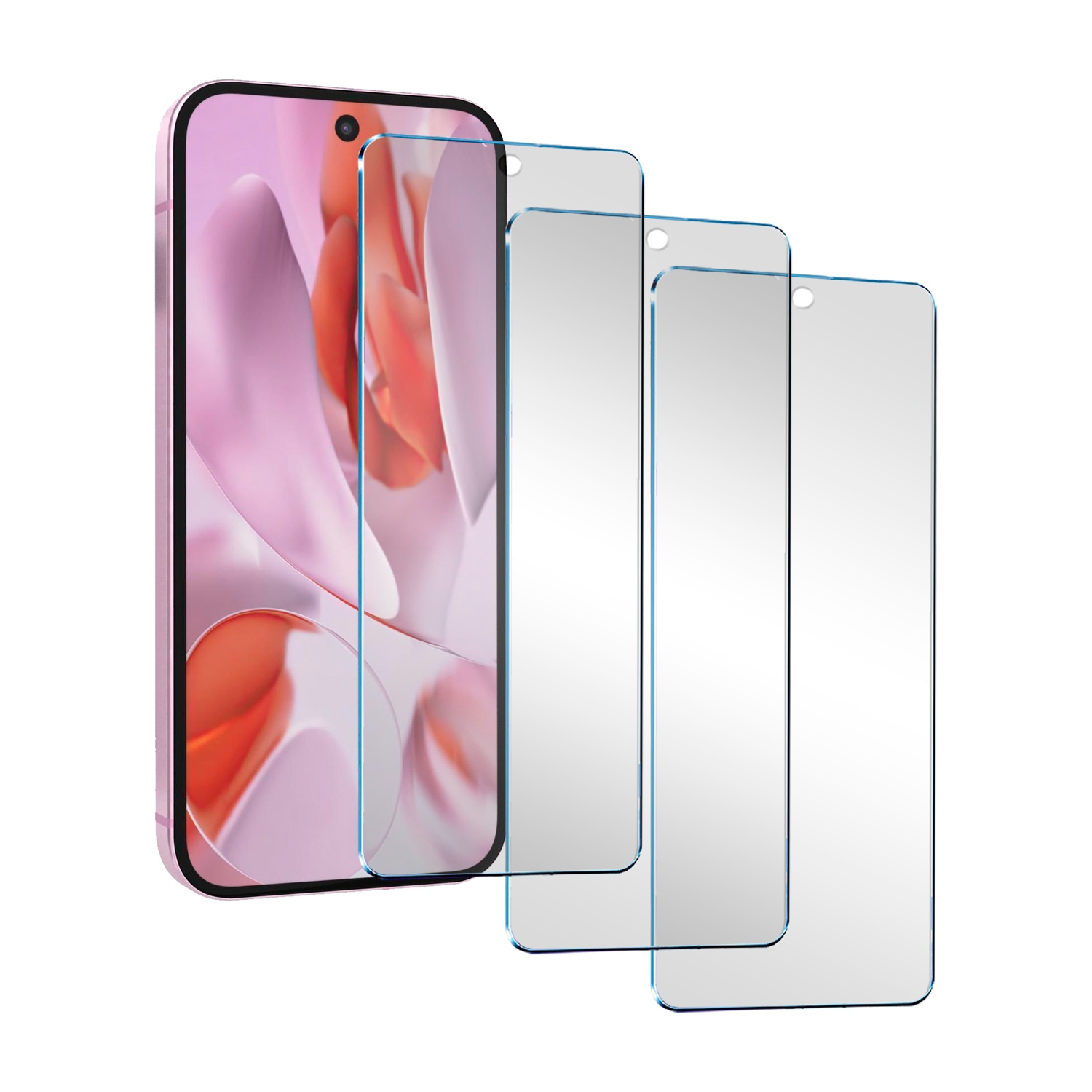 A pink smartphone with a screen protector placed in front.