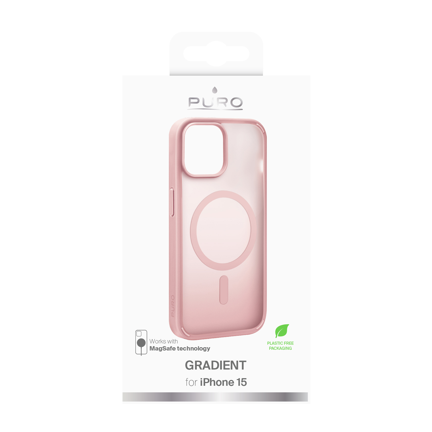 Confezione rosa per cover iPhone 15 con tecnologia MagSafe.