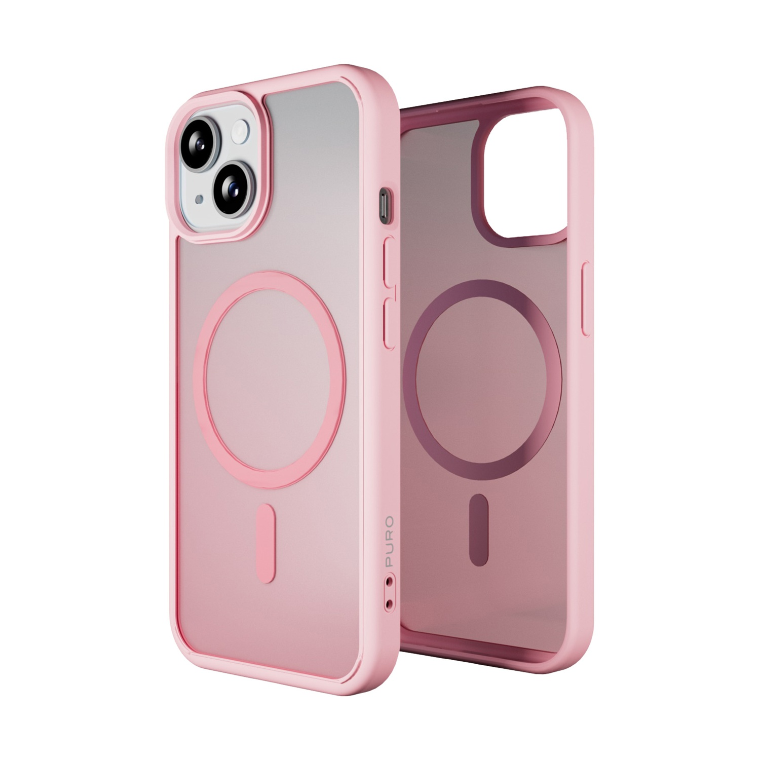 Due custodie per telefono rosa con anello MagSafe e ritaglio fotocamera.