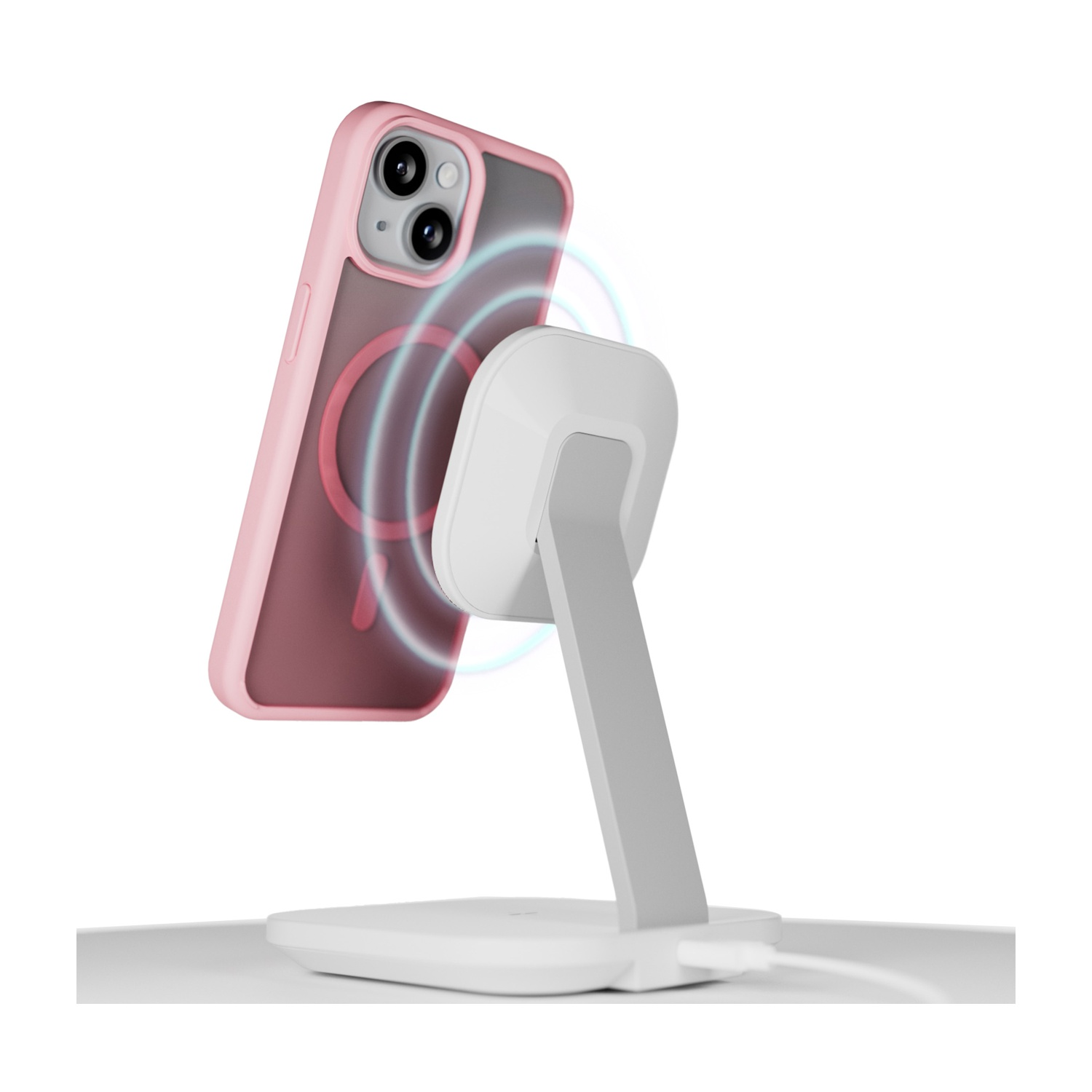 Una cover rosa per telefono su un supporto di ricarica wireless.