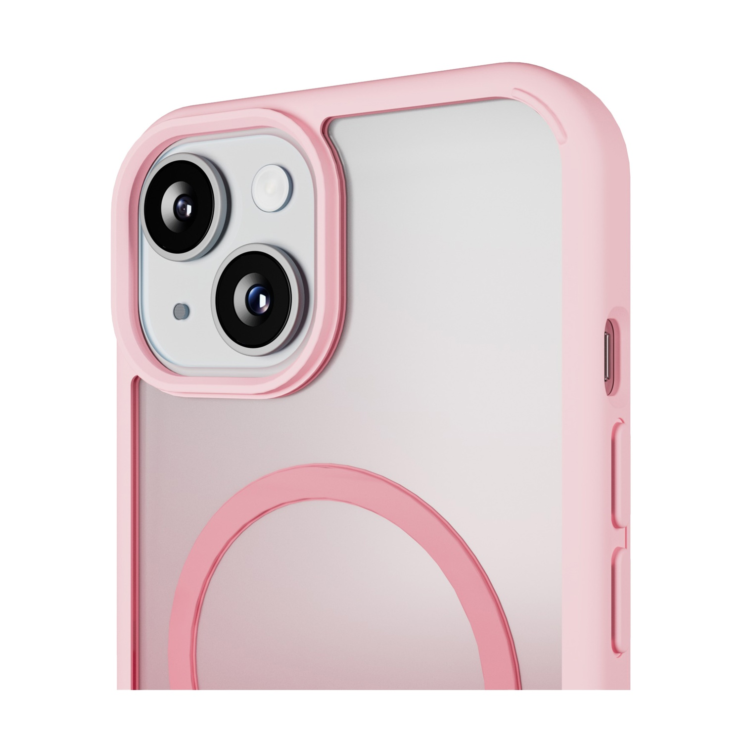 Primo piano di una custodia rosa per telefono con protezione per fotocamera e anello circolare.