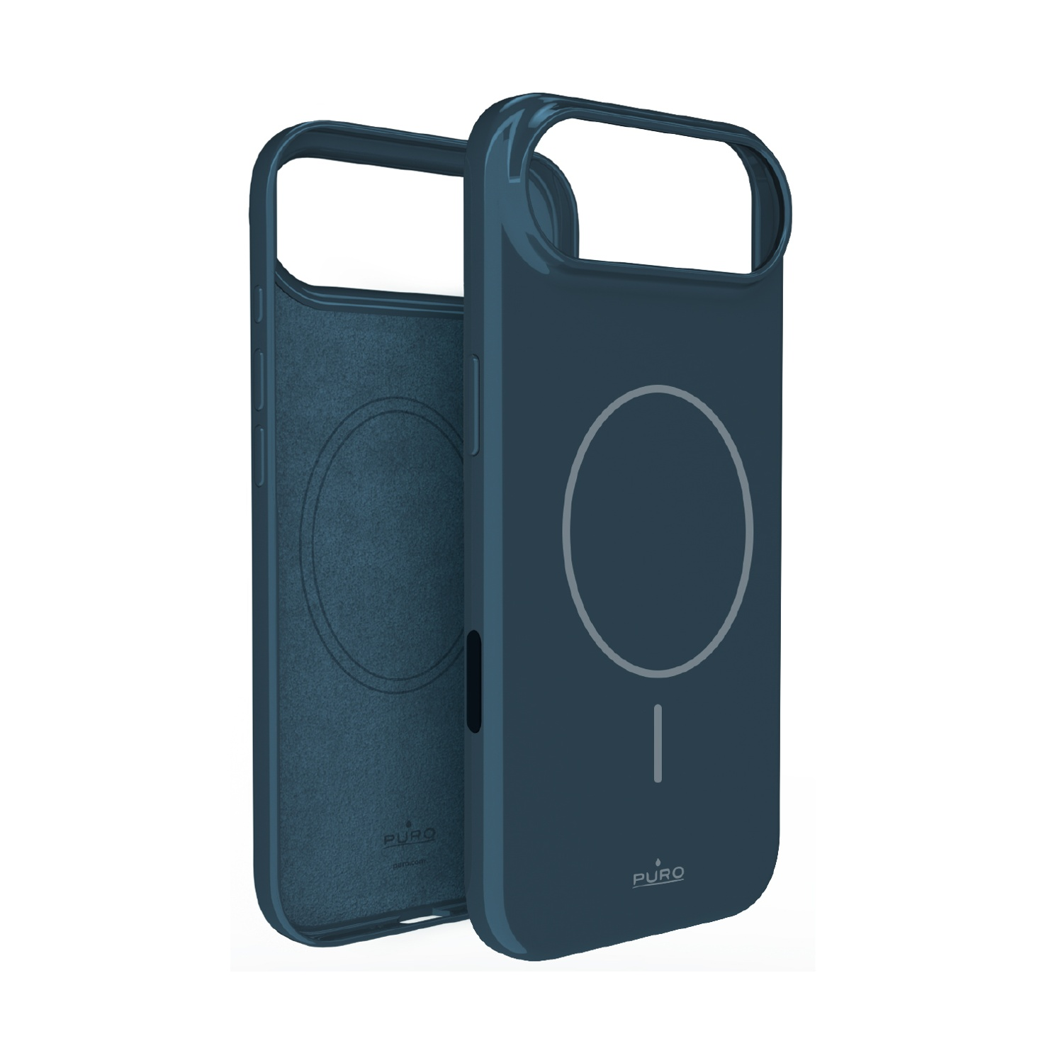 Due custodie per telefono blu scuro con anello magnetico su sfondo bianco.