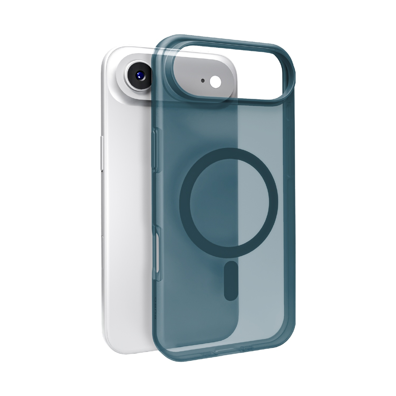 Uno smartphone bianco con una custodia blu trasparente che mostra un cerchio.