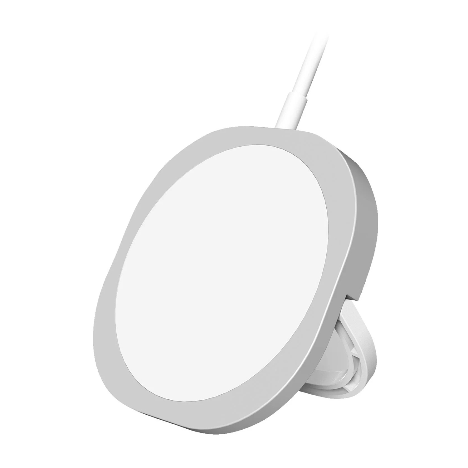 Ein weißes Ladekabel mit einem runden, weißen Ladepad, das auf einem Ständer steht.