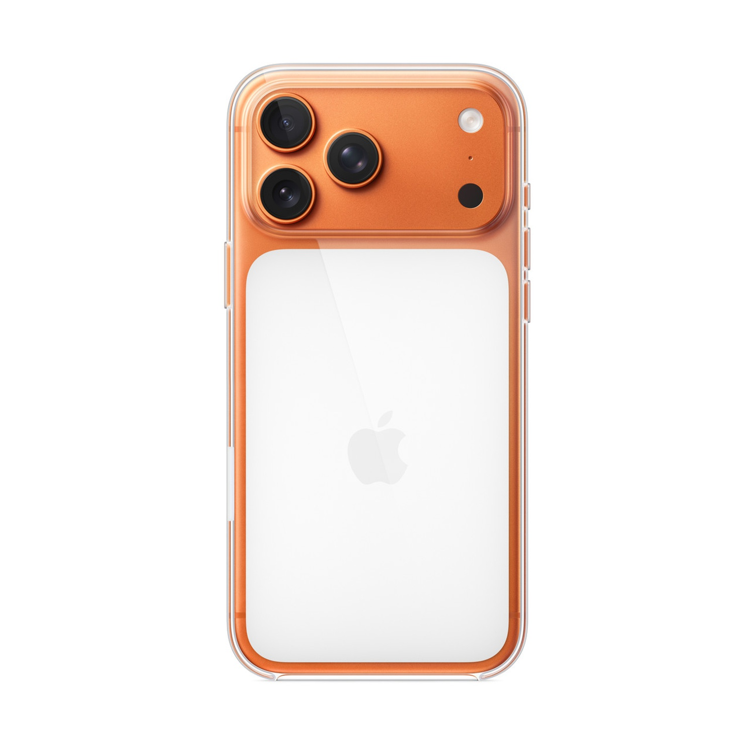 iPhone arancione con tre fotocamere e logo Apple bianco sul retro.