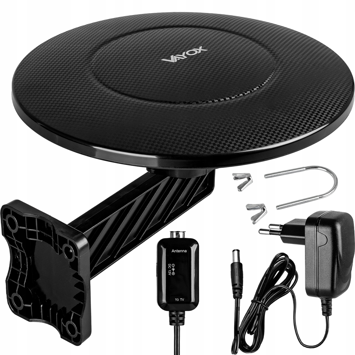 Czarna antena z uchwytem ściennym, zasilaczem i kablem.