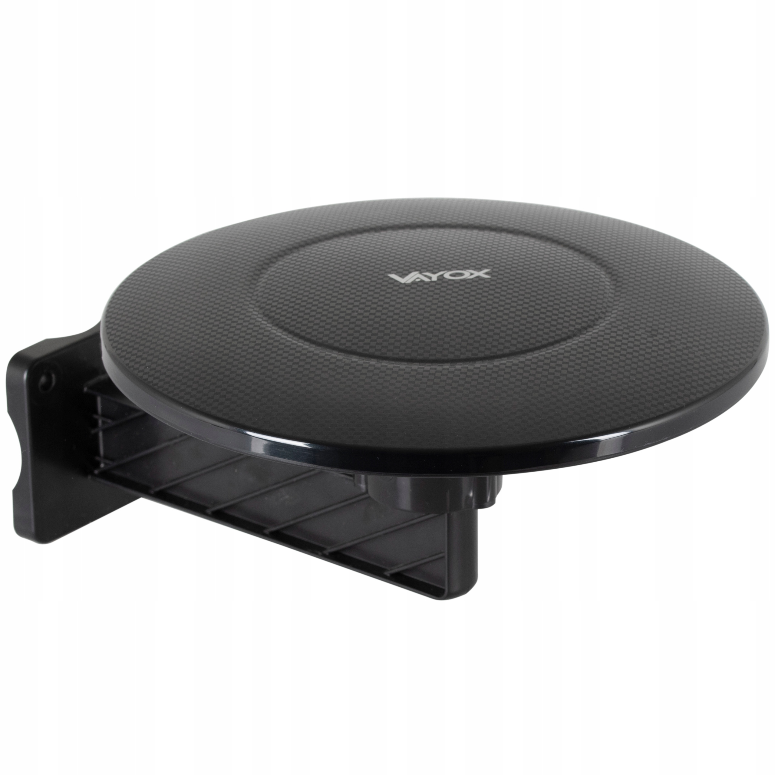 Czarna antena Vayox z okrągłą, teksturowaną głowicą i uchwytem ściennym.