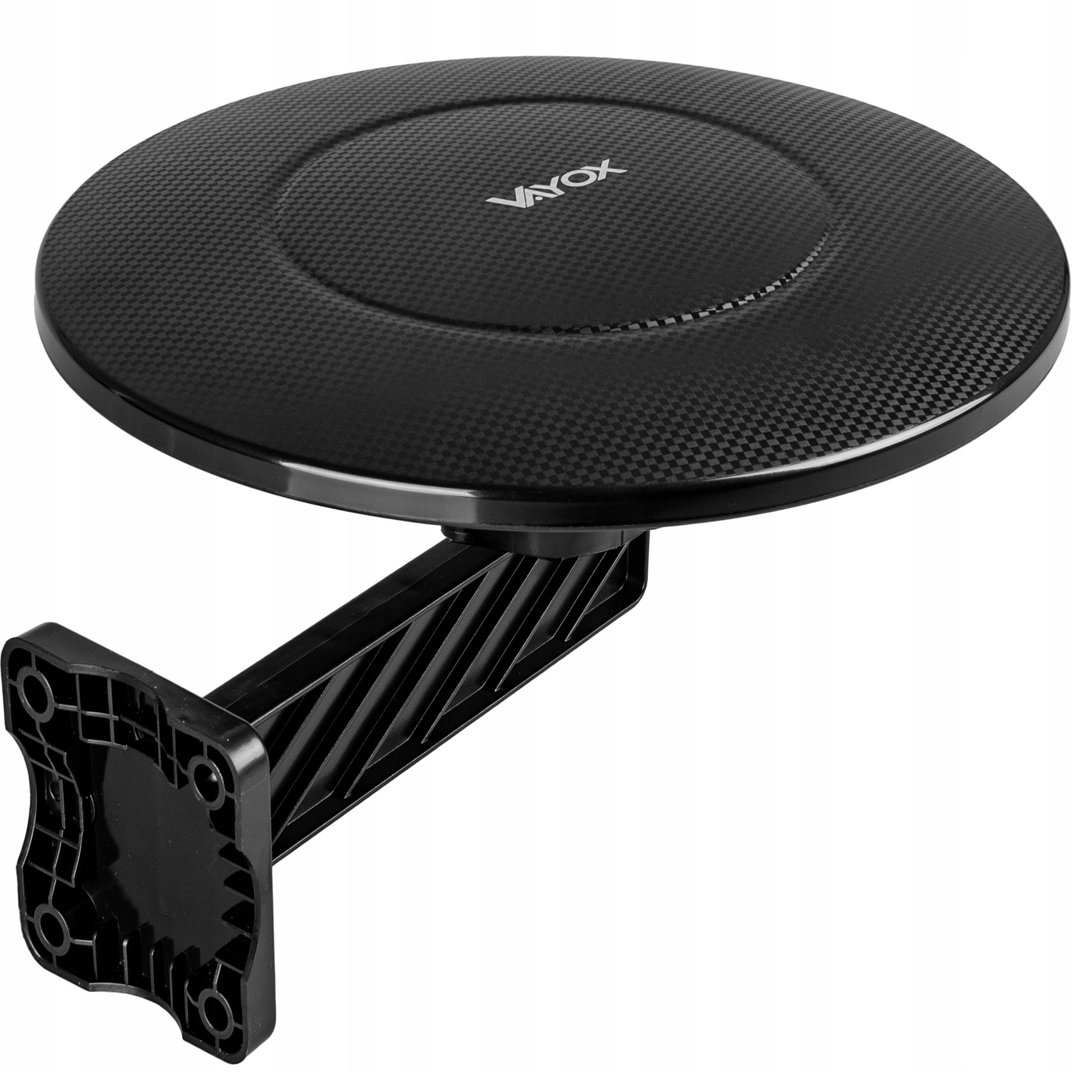 Czarny uchwyt stołowy Vayox z płaskim okrągłym blatem i ramieniem.