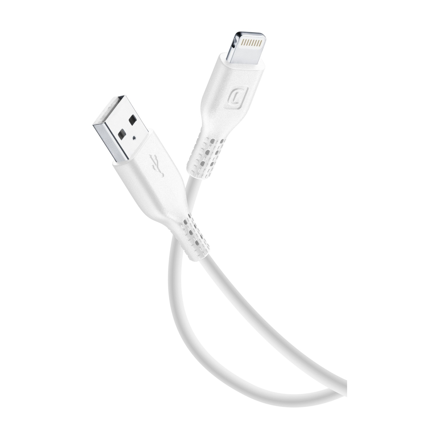 Un cavo bianco da USB-A a Lightning con connettori argentati su sfondo bianco.