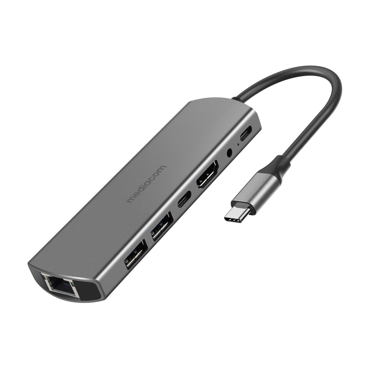 Hub USB-C grigio con porte HDMI, Ethernet, USB-A e USB-C.