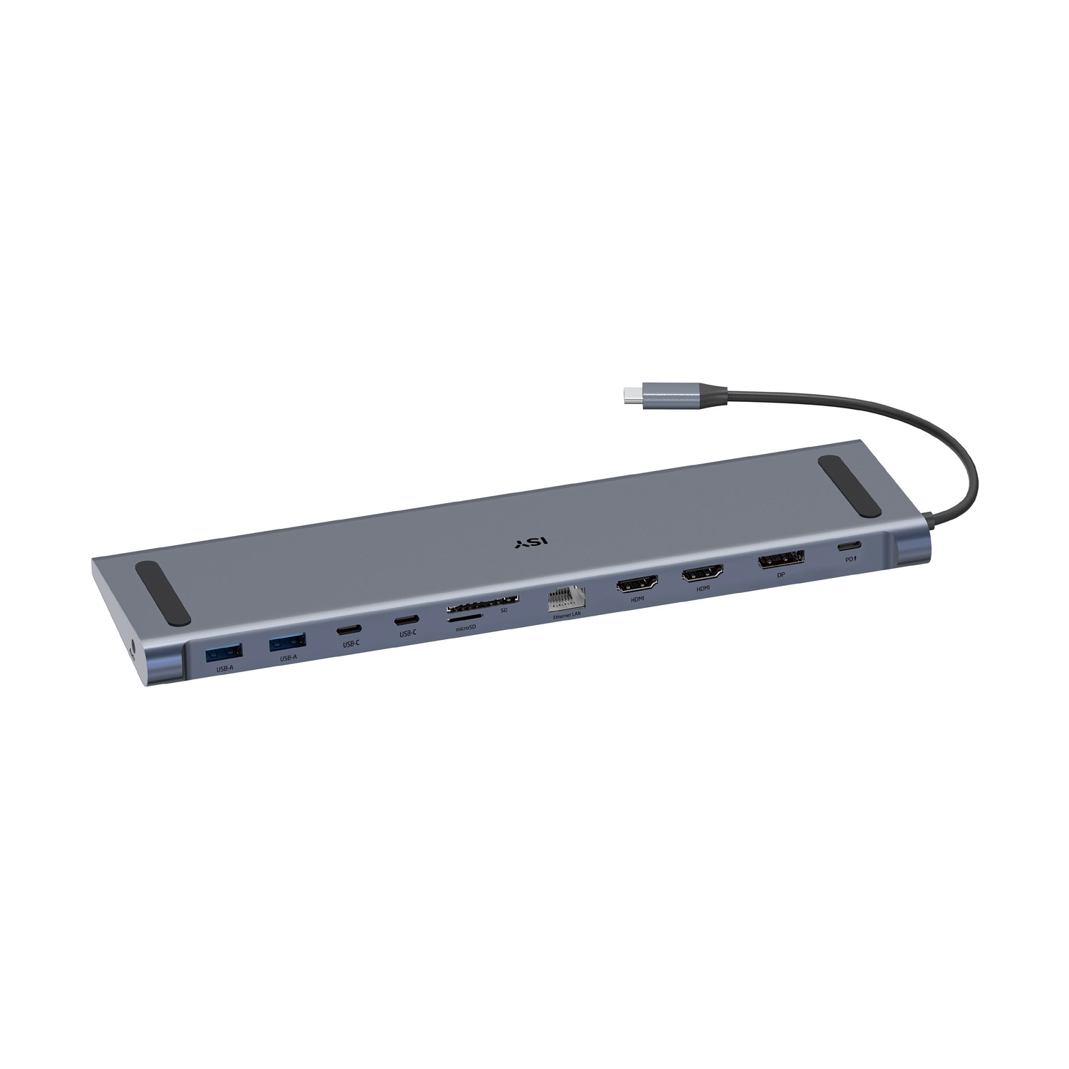 Hub USB-C grigio con porte: USB-A, USB-C, microSD, Ethernet, HDMI, DP, PD.