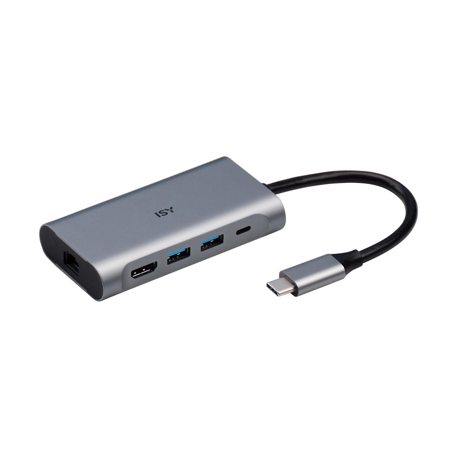 Hub USB-C grigio con porte HDMI, USB-A e USB-C.
