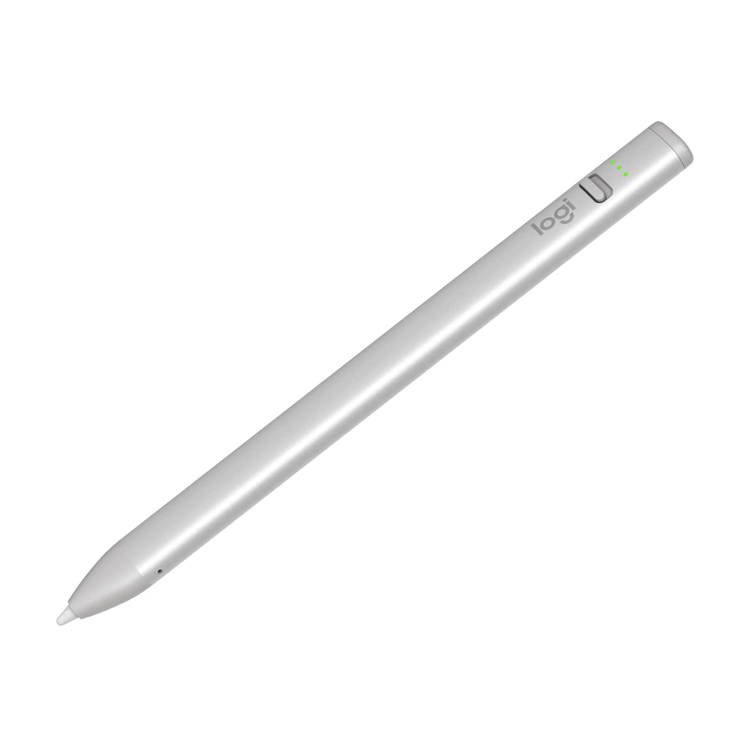 Ein silberner Eingabestift mit Logi-Logo und grünen Lämpchen.