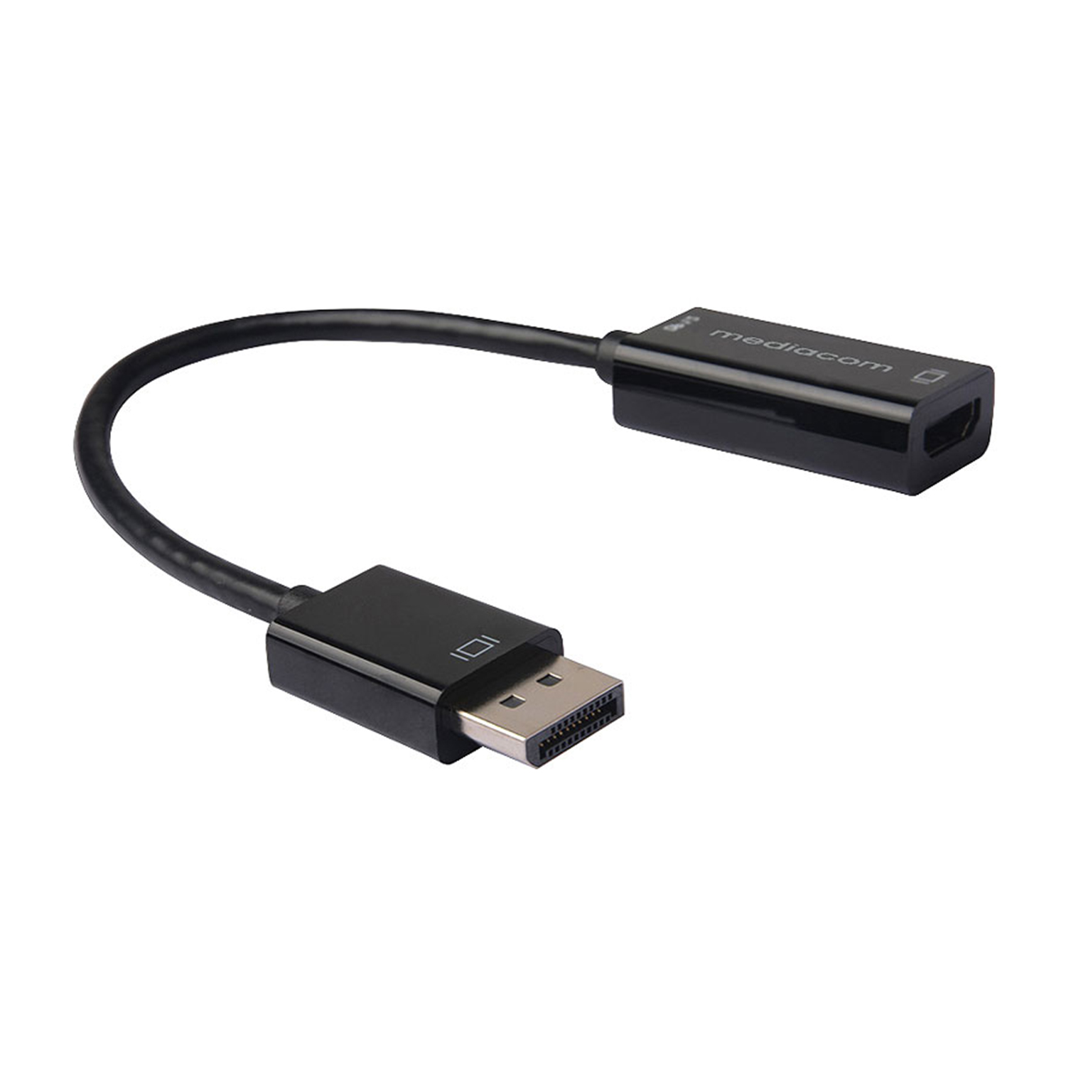 Ein schwarzer DisplayPort-zu-HDMI-Adapter mit Kabel.