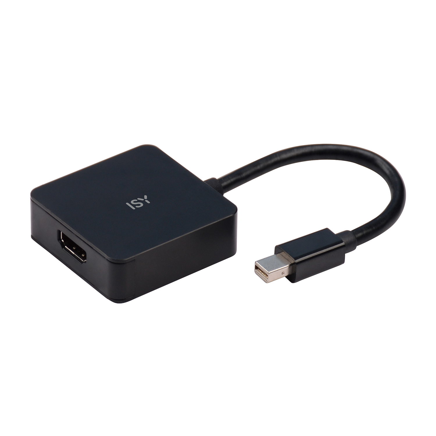 Ein schwarzer Adapter mit einem HDMI-Anschluss und einem Mini-DisplayPort-Stecker.