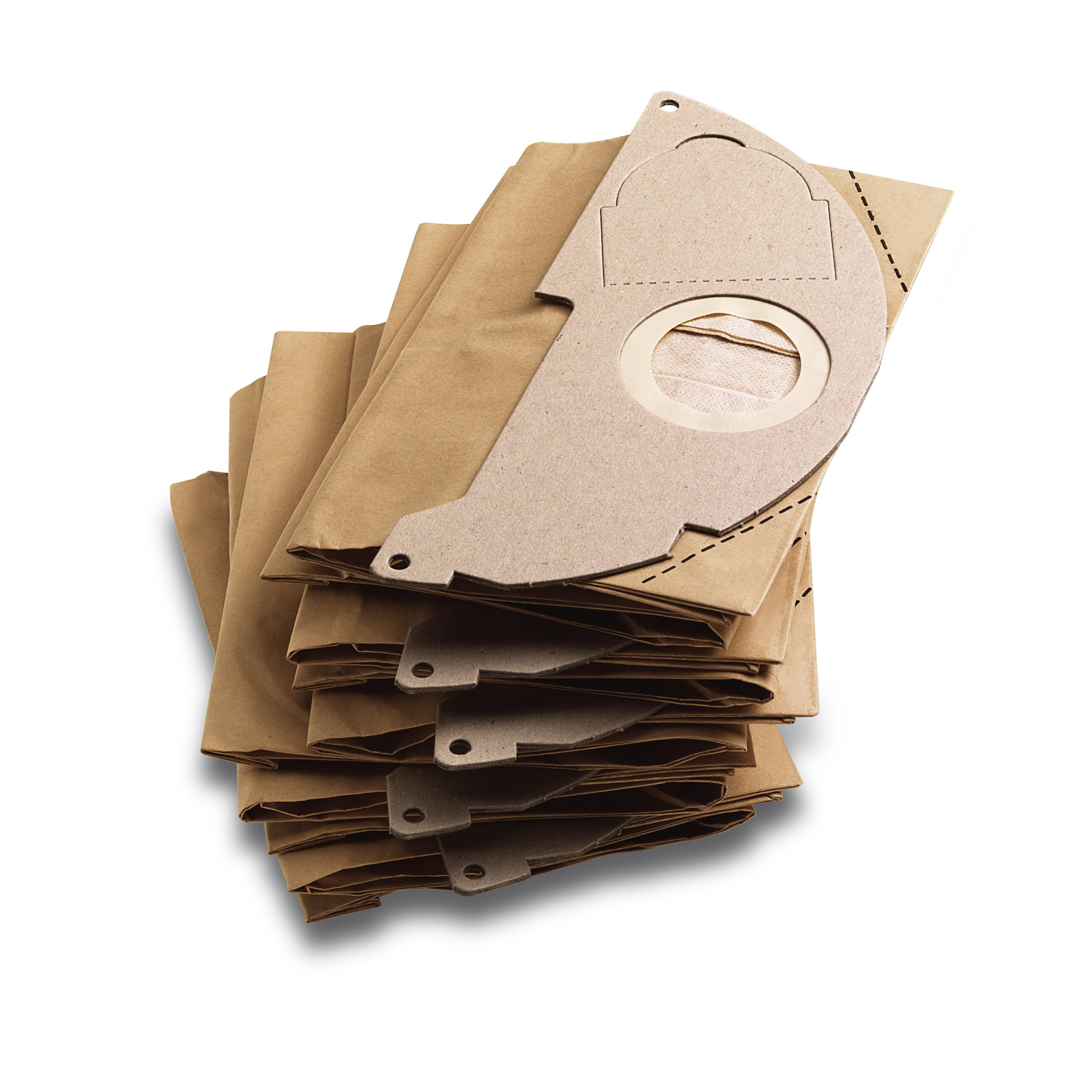 Ein Stapel brauner Papierstaubsaugerbeutel mit einem befestigten Stück Karton.