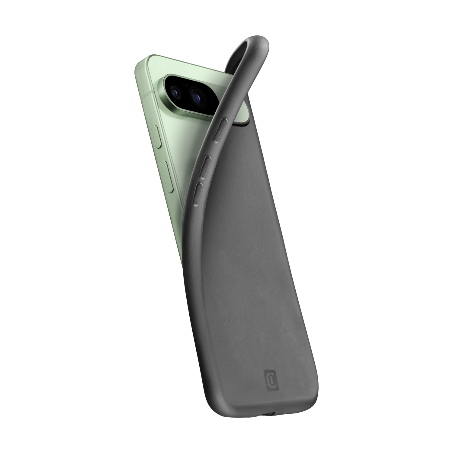 A light green smartphone with a black case, on a white background.