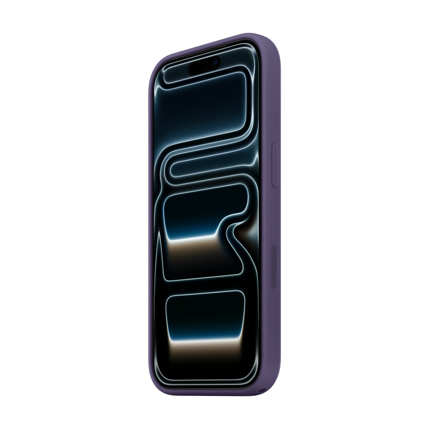 A purple iPhone in a case with a dark screen displaying blue light patterns.