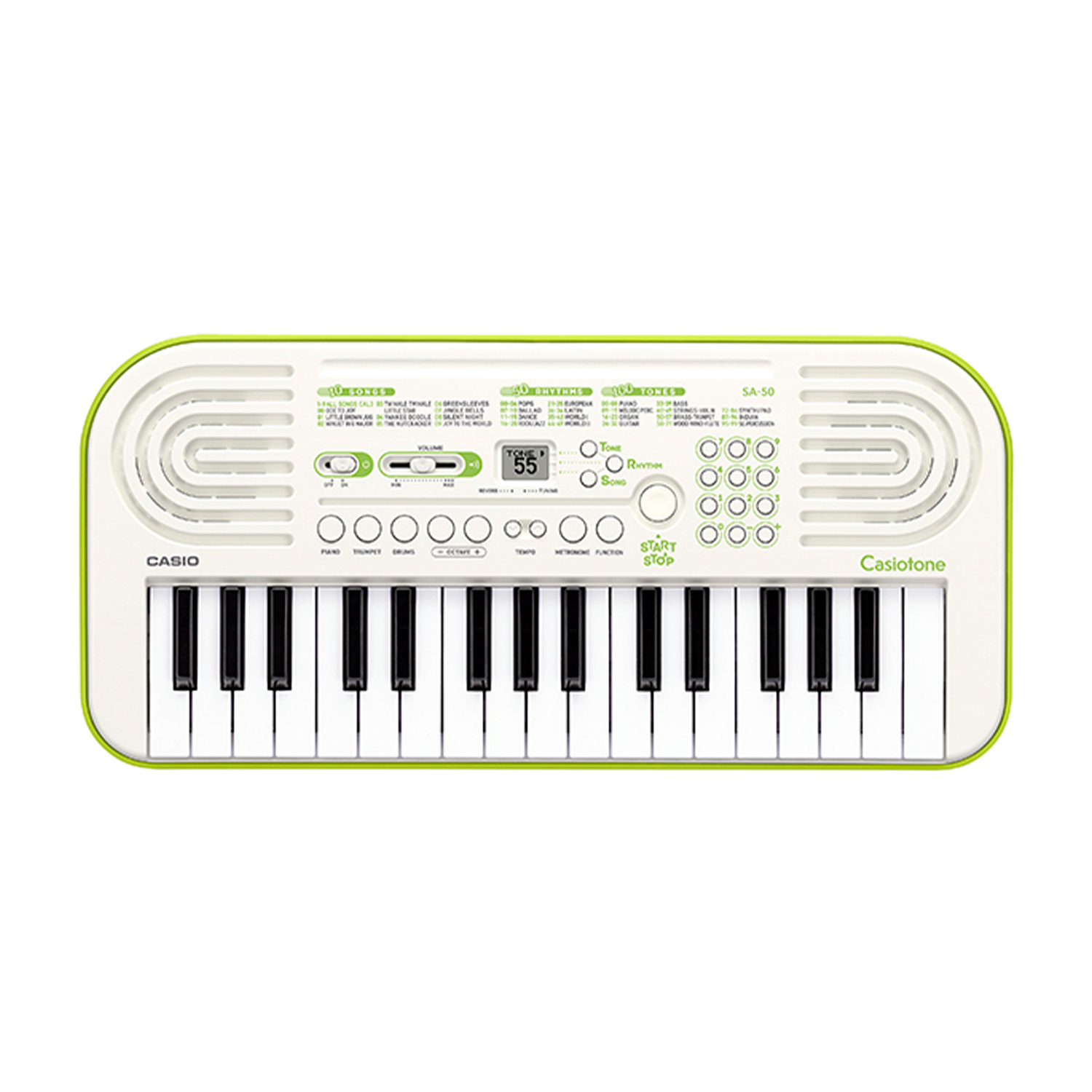 Biała klawiatura Casio SA-50 z zielonym obramowaniem i czarnymi klawiszami.