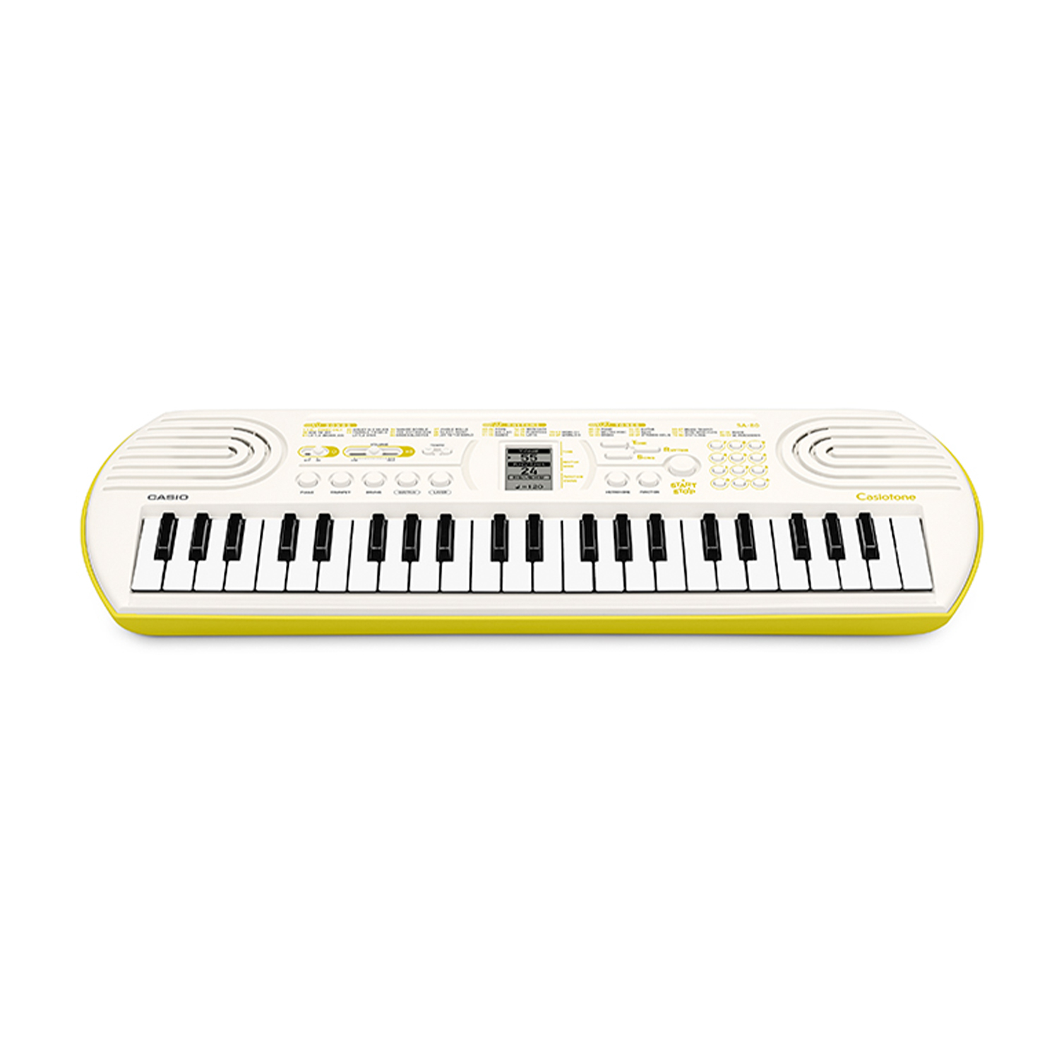 Biała klawiatura Casio z żółtym wykończeniem i czarno-białymi klawiszami.