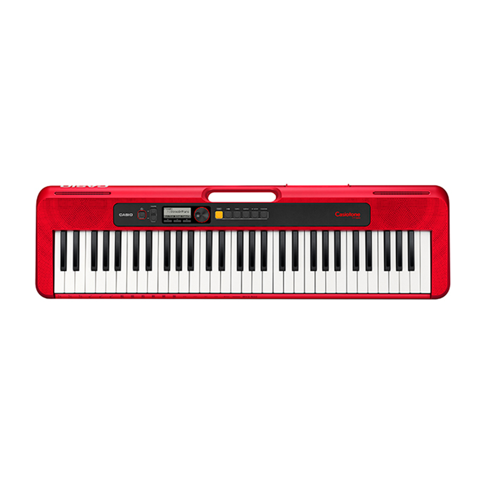 Czerwona klawiatura Casio Casiontone z czarno-białymi klawiszami.