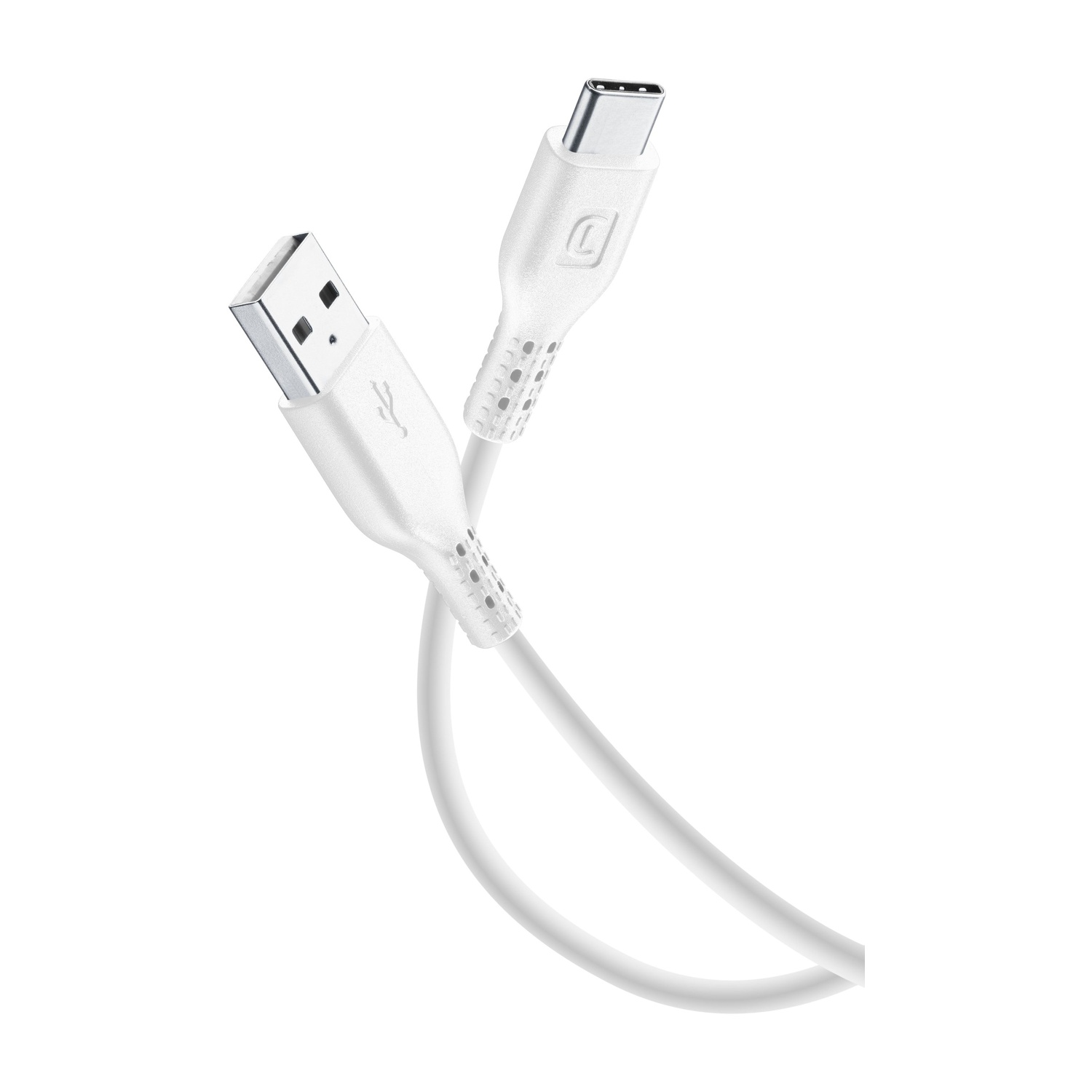 Un cavo USB-C bianco con connettori USB-A e USB-C.