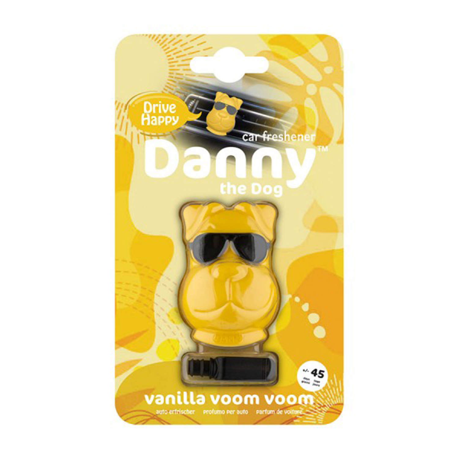 Ein gelber Hund-Auto-Lufterfrischer mit Sonnenbrille, Duft: Vanille.