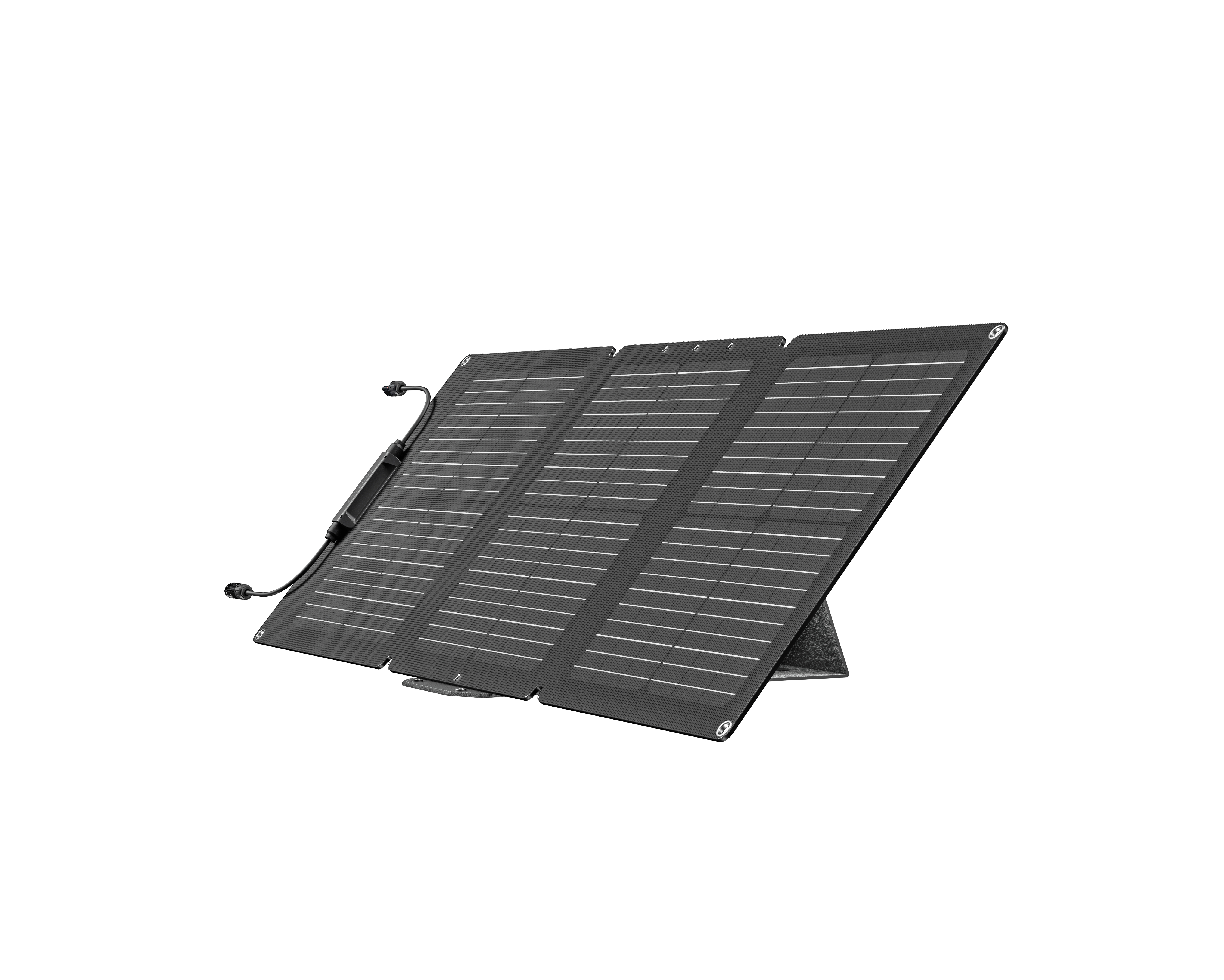 A black, foldable solar panel with cables against a white background.