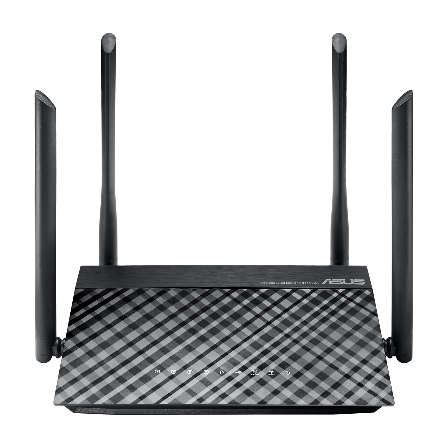 Czarny router Wi-Fi ASUS z czterema antenami i wzorem w kratę.