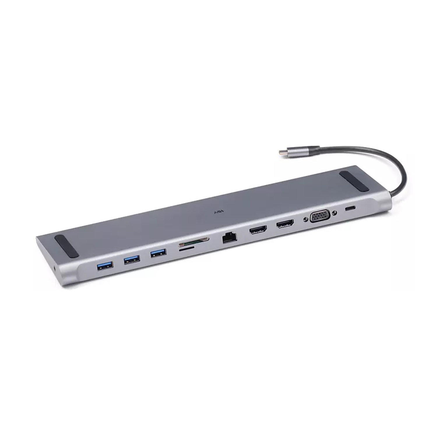 Hub USB-C grigio con più porte: USB, SD, HDMI, VGA, Ethernet.