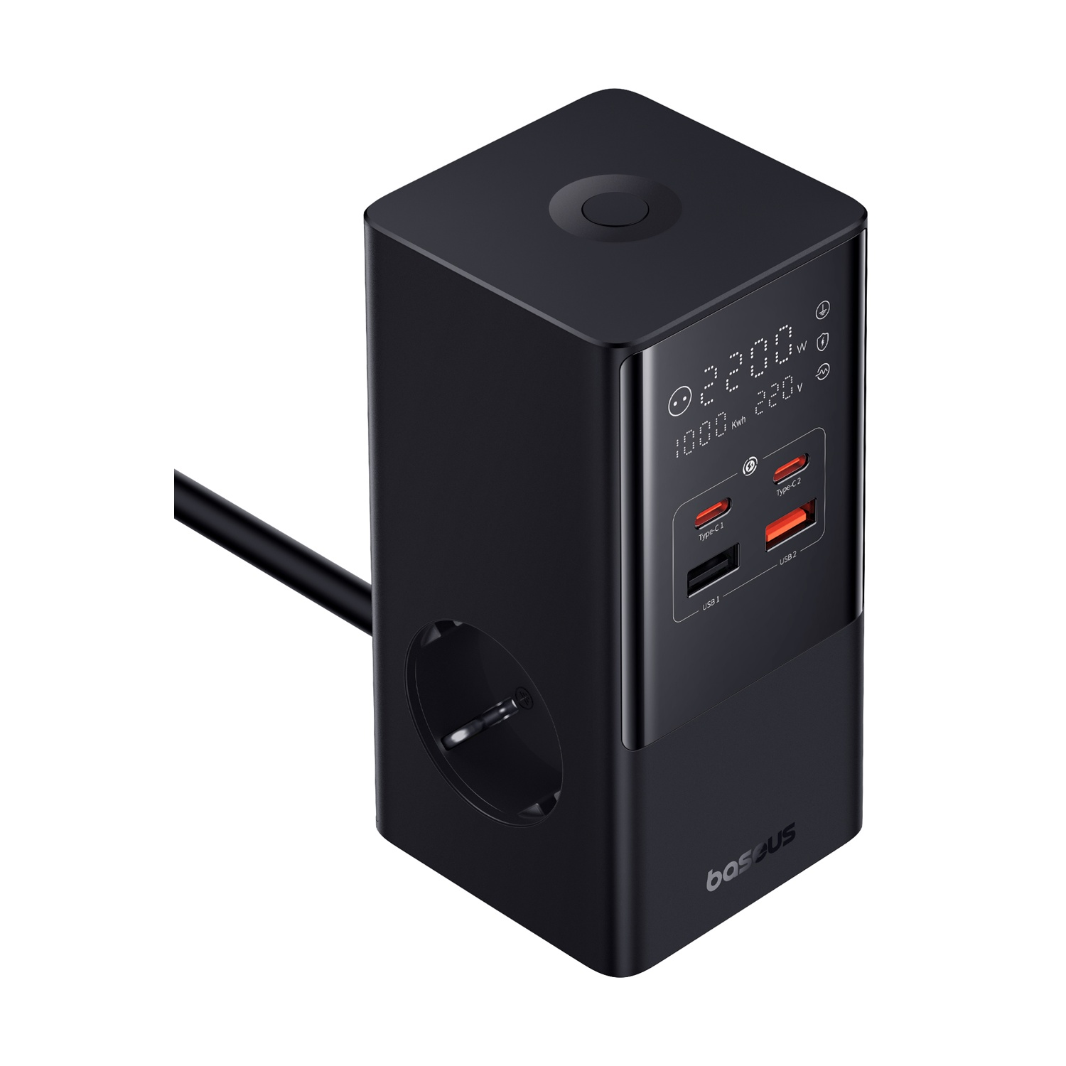 Schwarzer Würfel-Netzadapter mit Steckdose, USB-C- und USB-A-Anschlüssen.