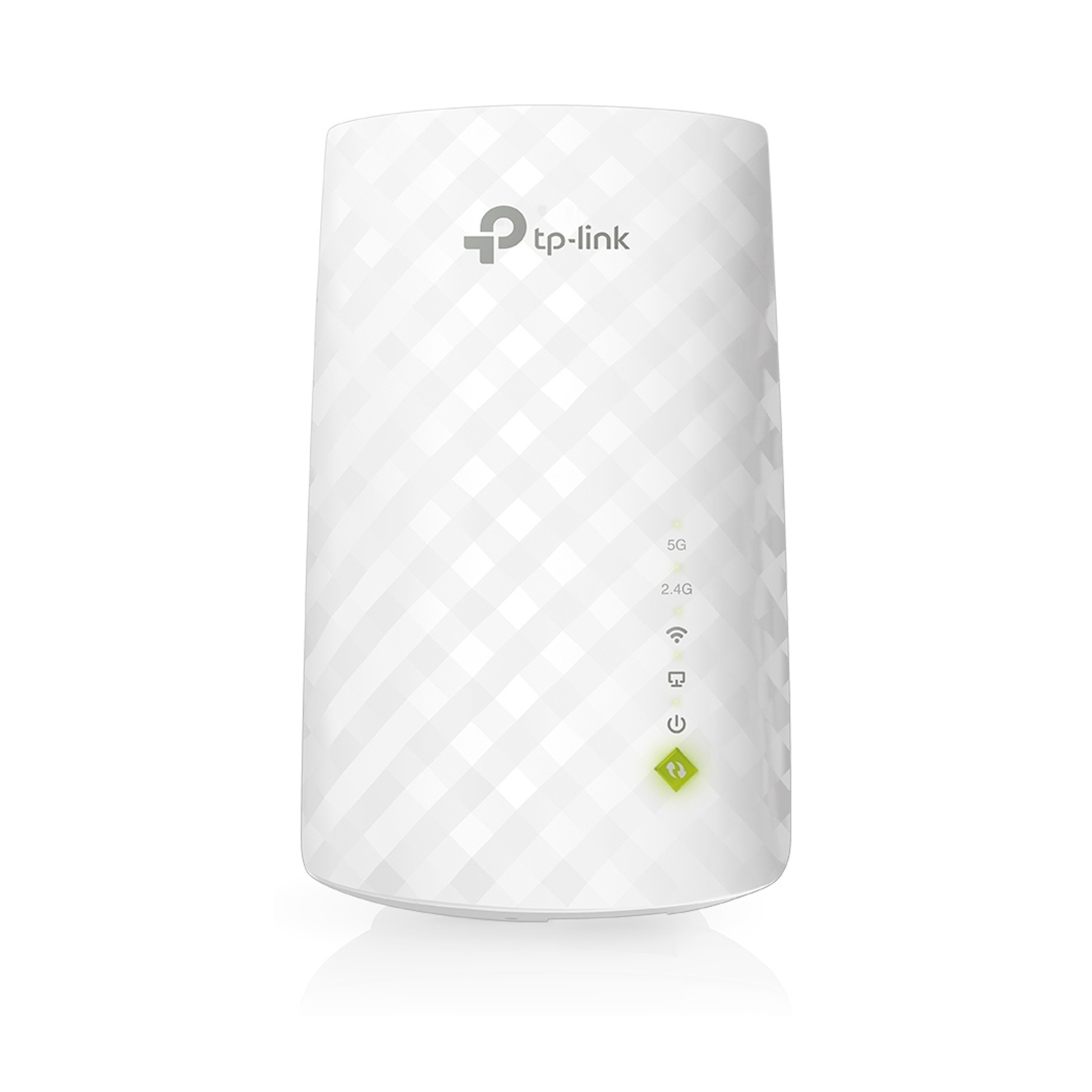 Weißer TP-Link WLAN-Repeater mit Rautenmuster und LED-Anzeigen.