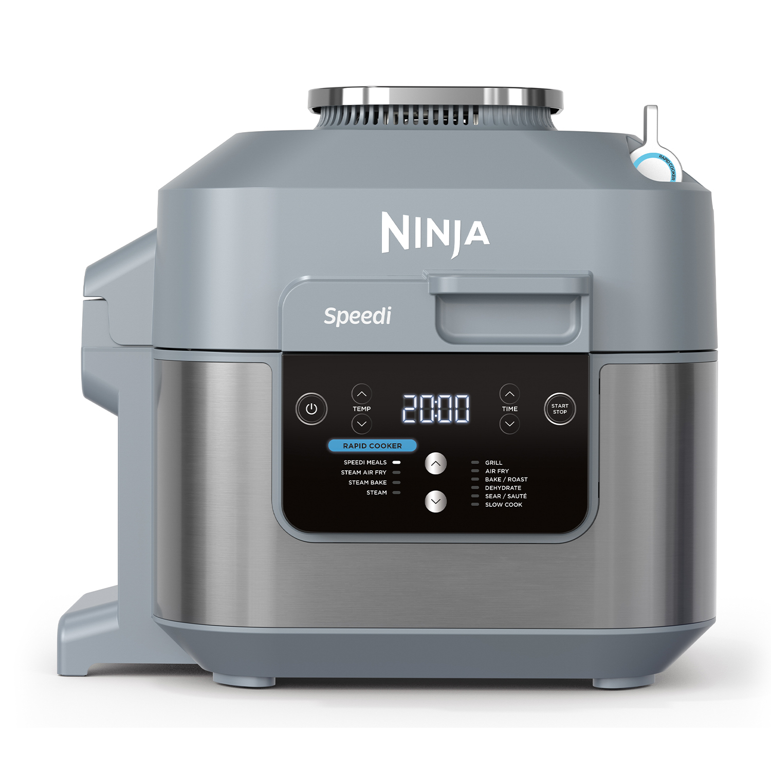 Ein grauer Ninja Speedi Schnellkochtopf mit digitaler Anzeige und Kochmodi.
